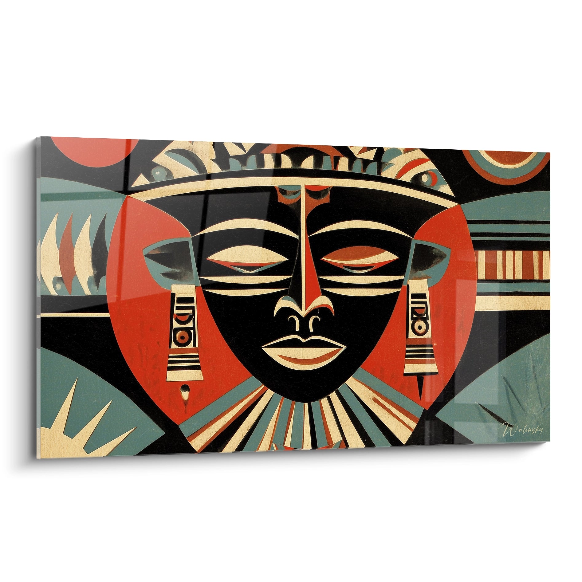 Walensky tableau art tribal contemporain grand tableau mural visage tribal stylise couleurs rouge noir bleu et or