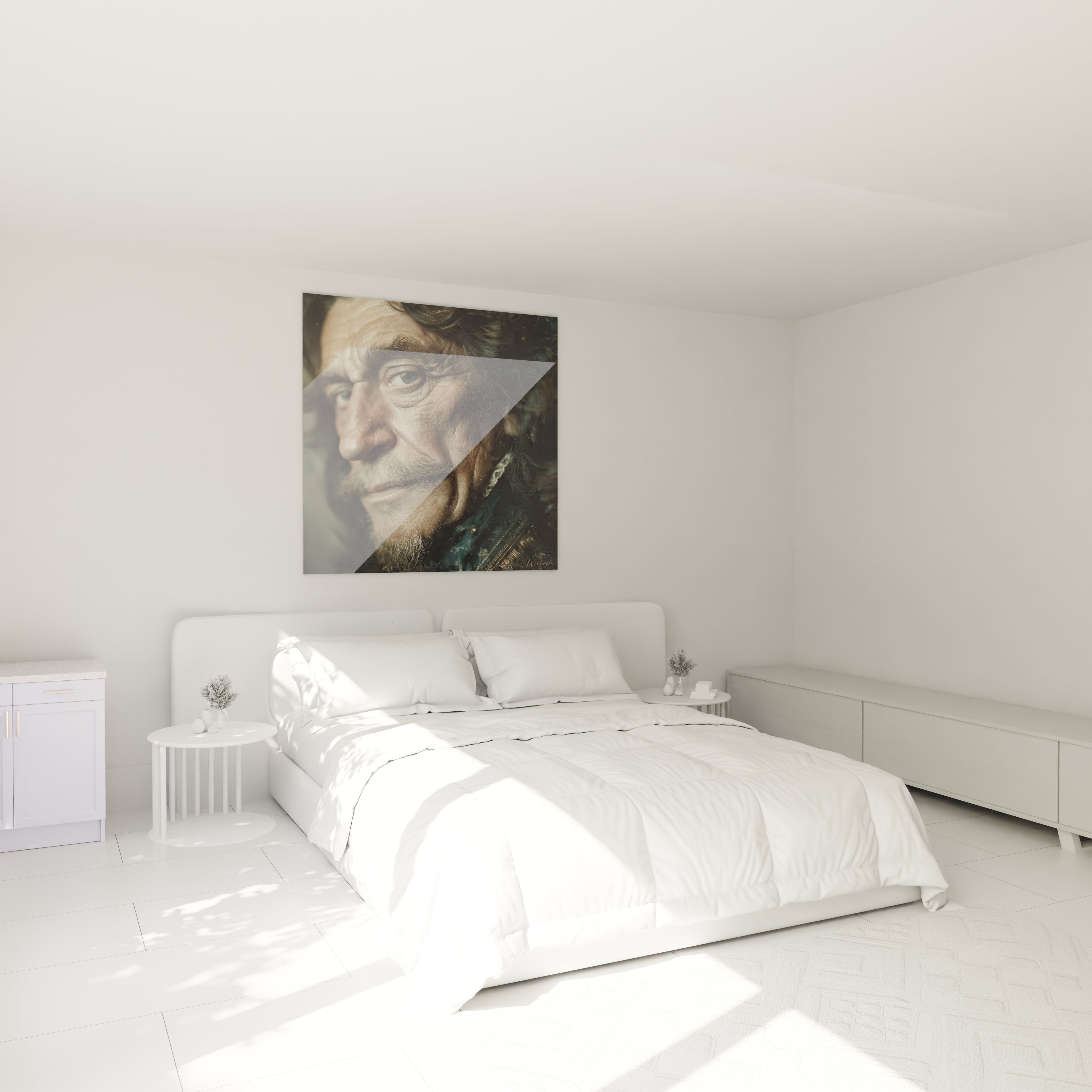 tableau artistique regard éternel Walensky portrait visage ancien toile carrée accroché au dessus du lit chambre blanche