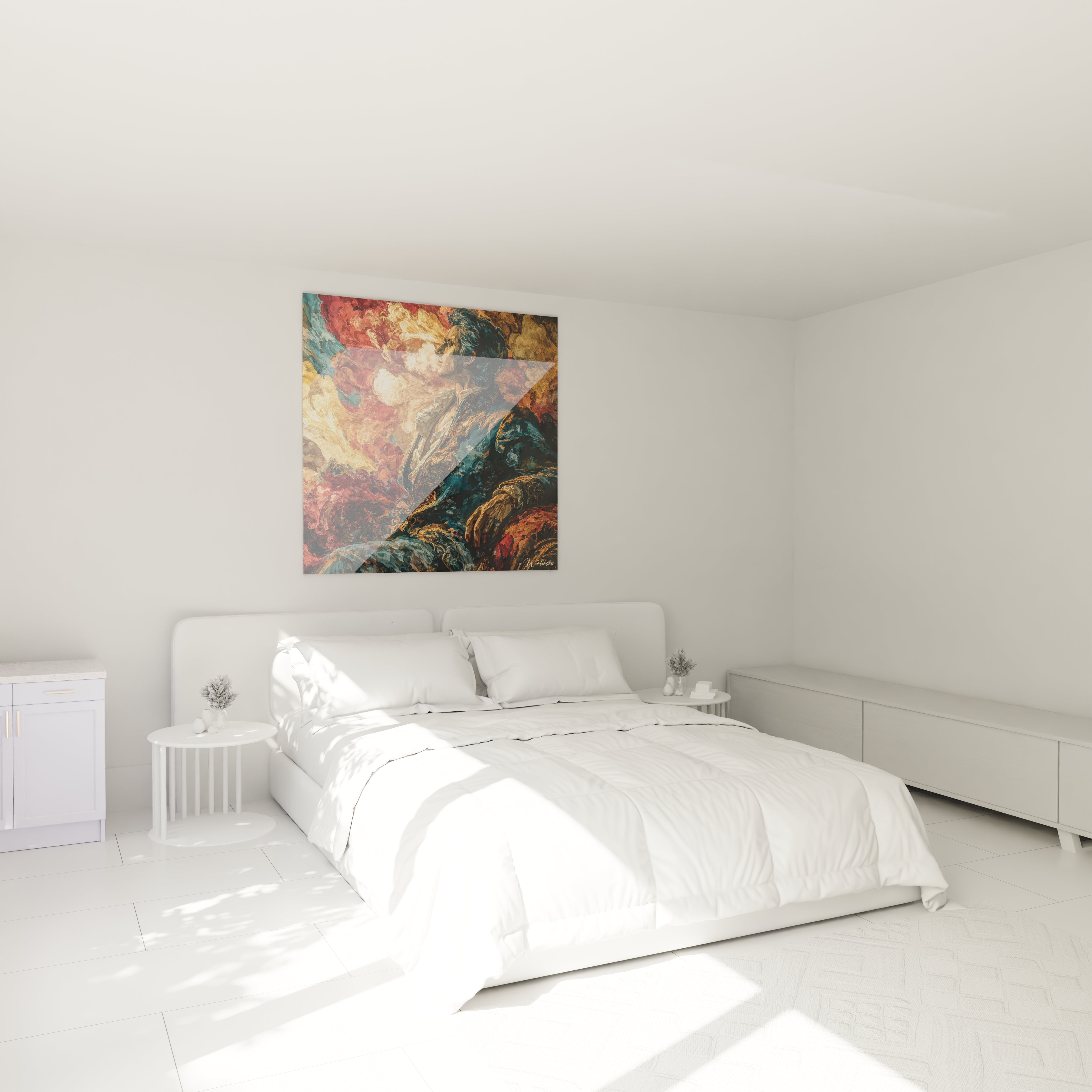 tableau baroque homme créateur Walensky mural carré coloré accroché au dessus d un lit dans chambre blanche minimaliste