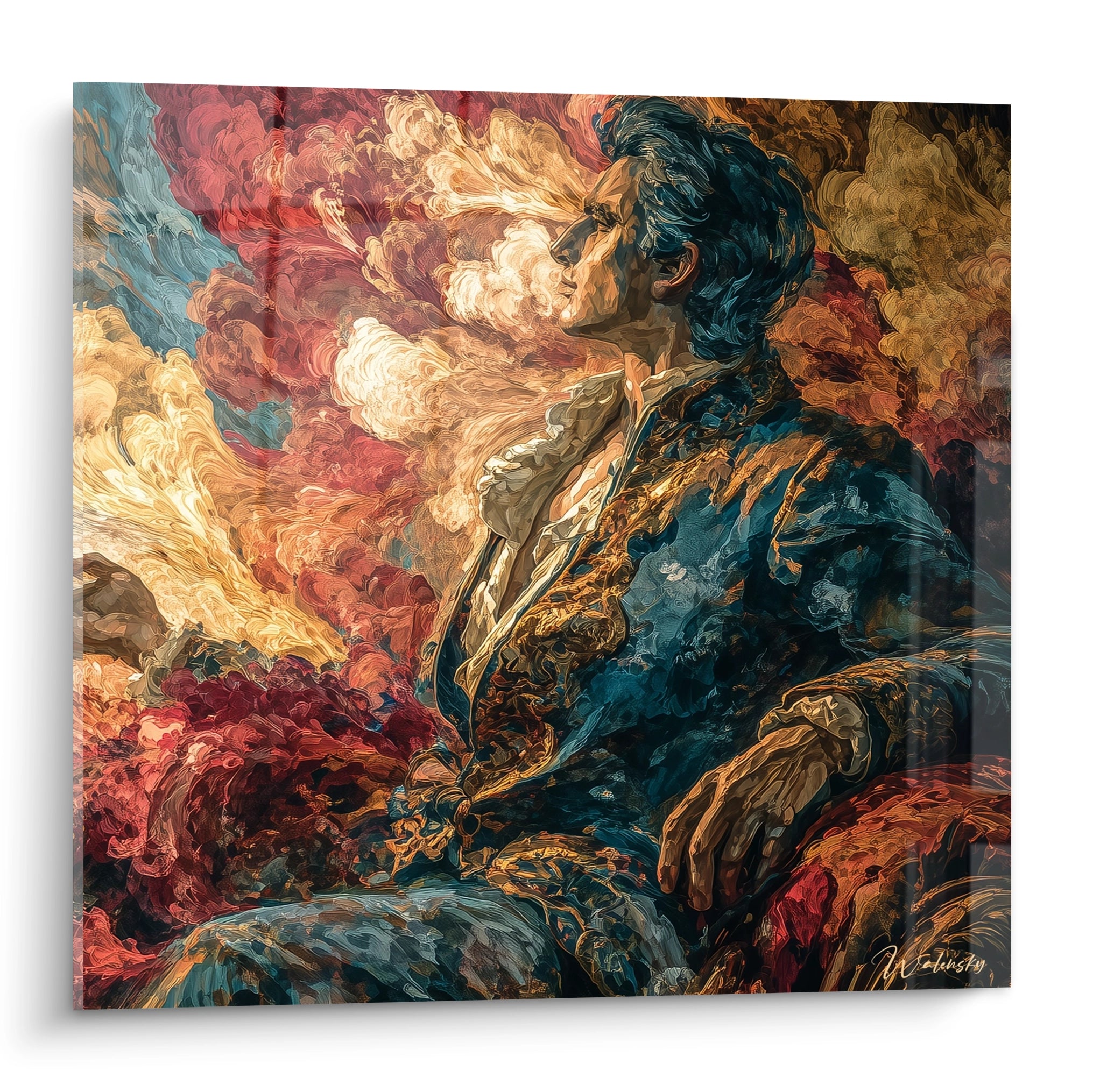 tableau baroque homme créateur Walensky représentant un homme élégant assis en habit orné sur fond de nuées colorées
