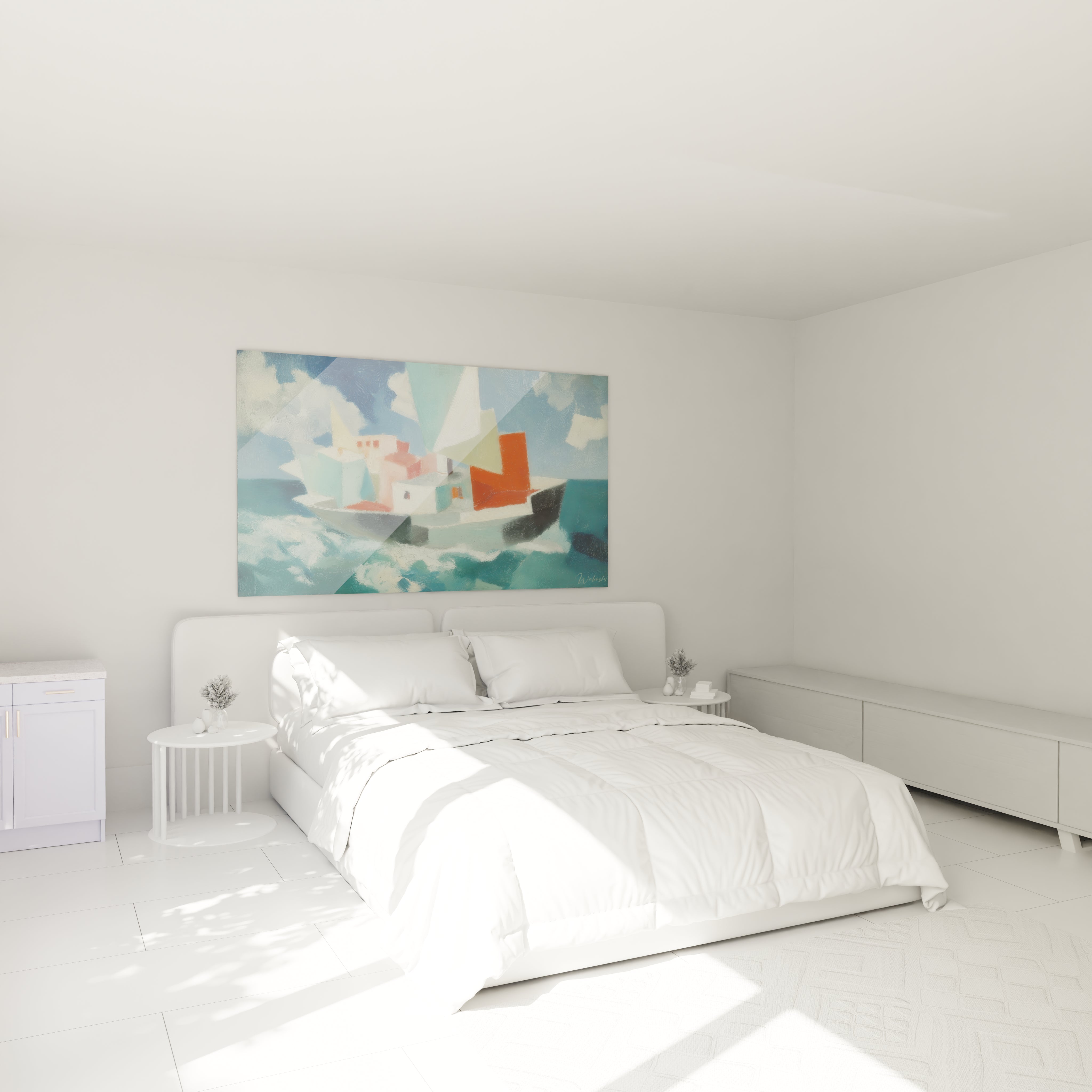 tableau bateau naufrage coloré Walensky accroché au dessus d'un lit dans une chambre blanche minimaliste