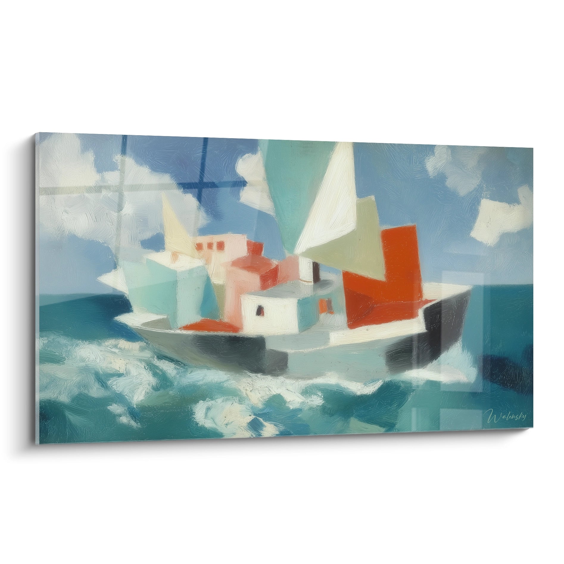 Tableau mural Walensky représentant un tableau bateau naufrage coloré stylisé avec voiles et vagues abstraites en mer