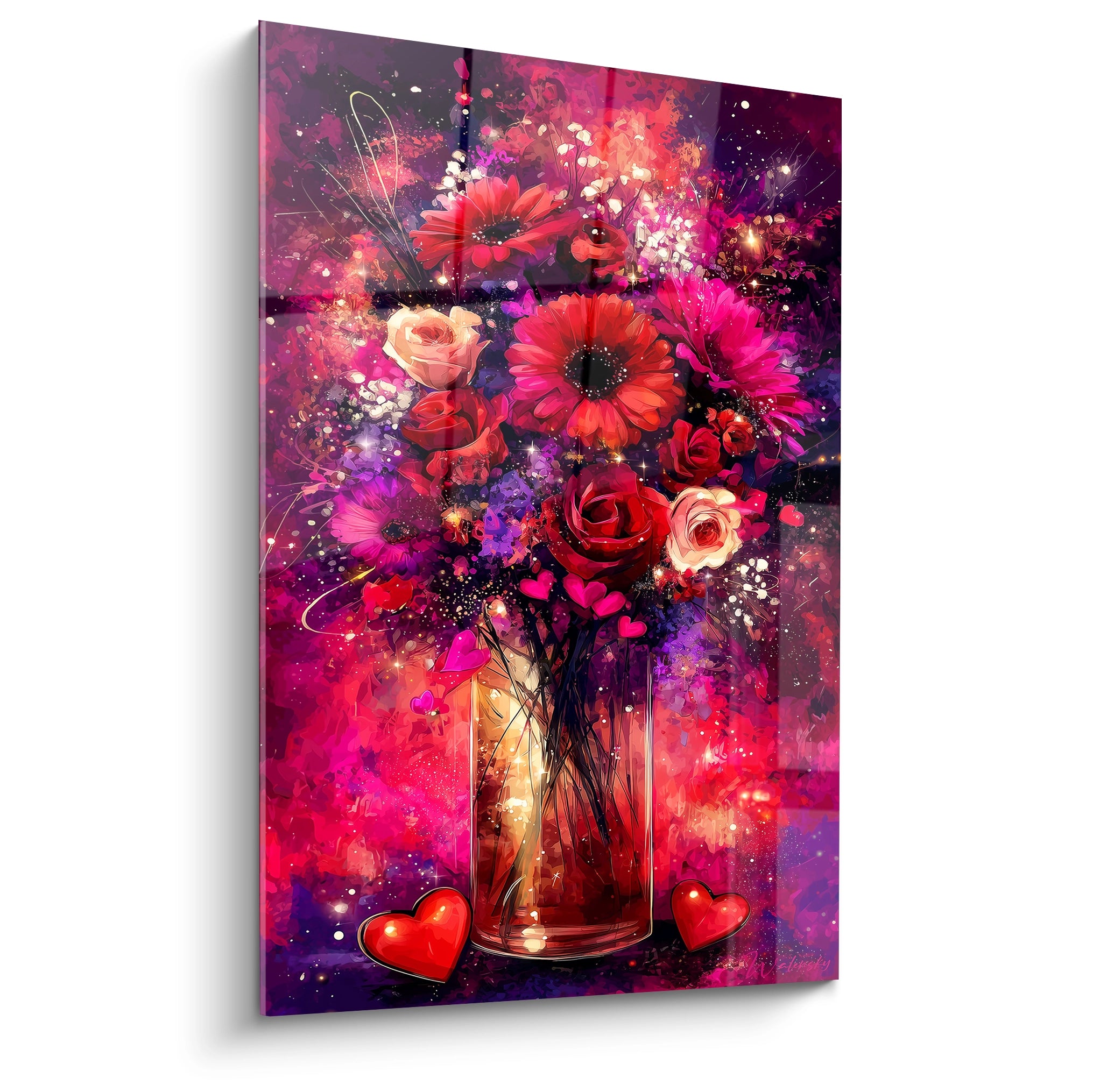 Walensky tableau bouquet floral Saint Valentin toile murale vibrante avec vase rose rouge coeurs et fleurs éclatantes