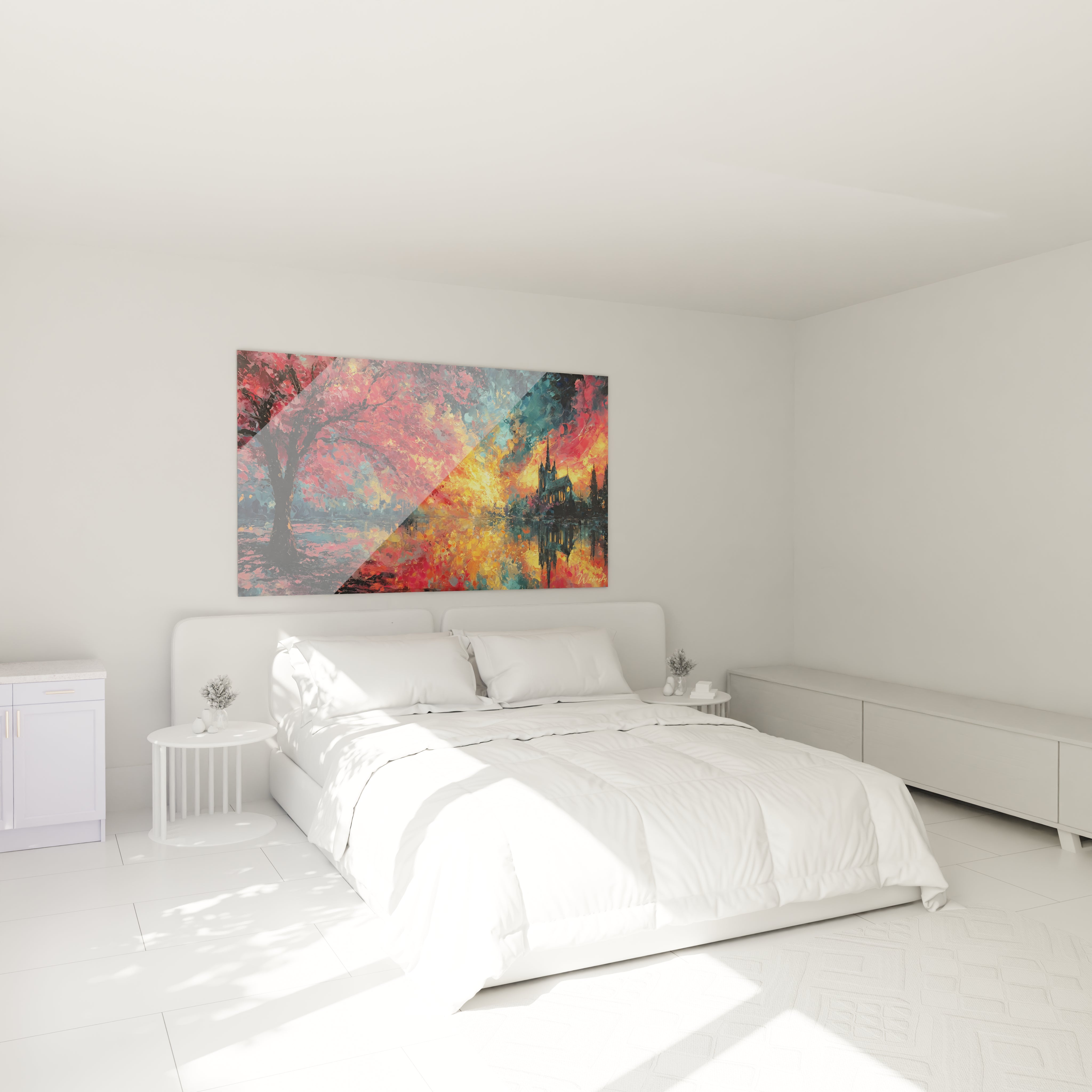tableau cathédrale gothique Walensky coloré au dessus d'un lit blanc dans une chambre minimaliste lumineuse