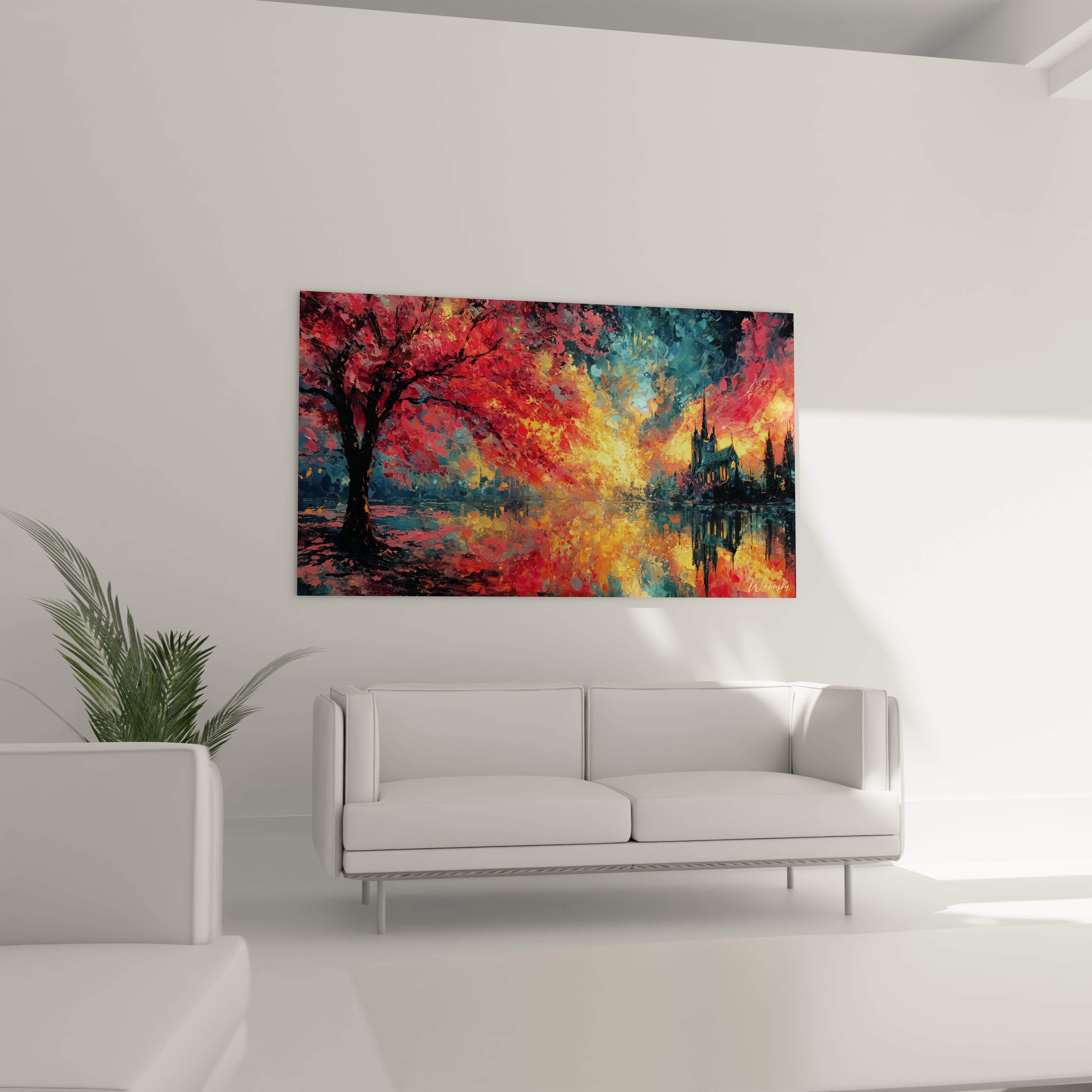 Tableau mural Walensky coloré au dessus d un canapé, arbre rouge et reflet de cathédrale, tableau cathédrale gothique