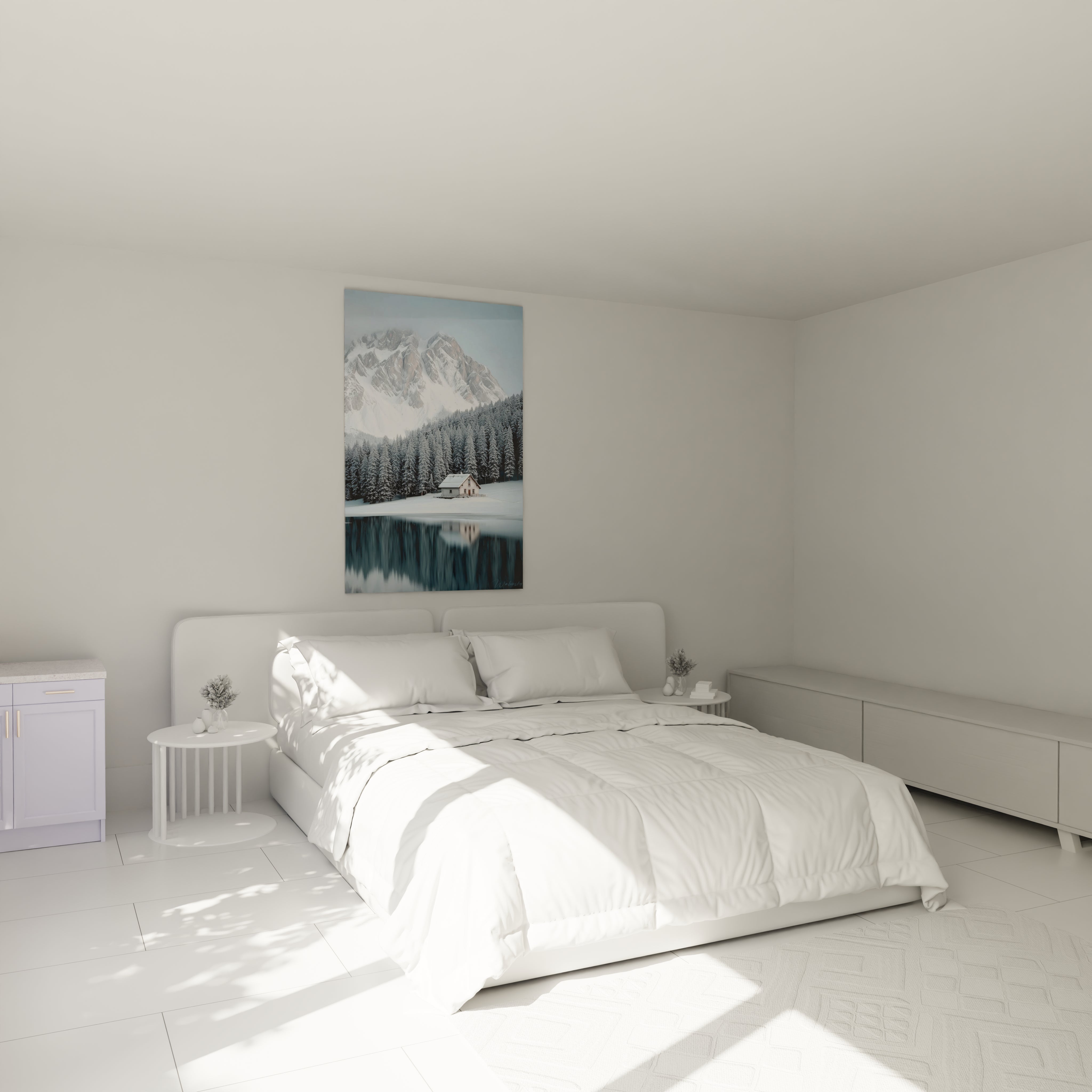 tableau chalet bois authentique Walensky tableau mural montagne enneigée et chalet au bord du lac dans chambre minimaliste blanche