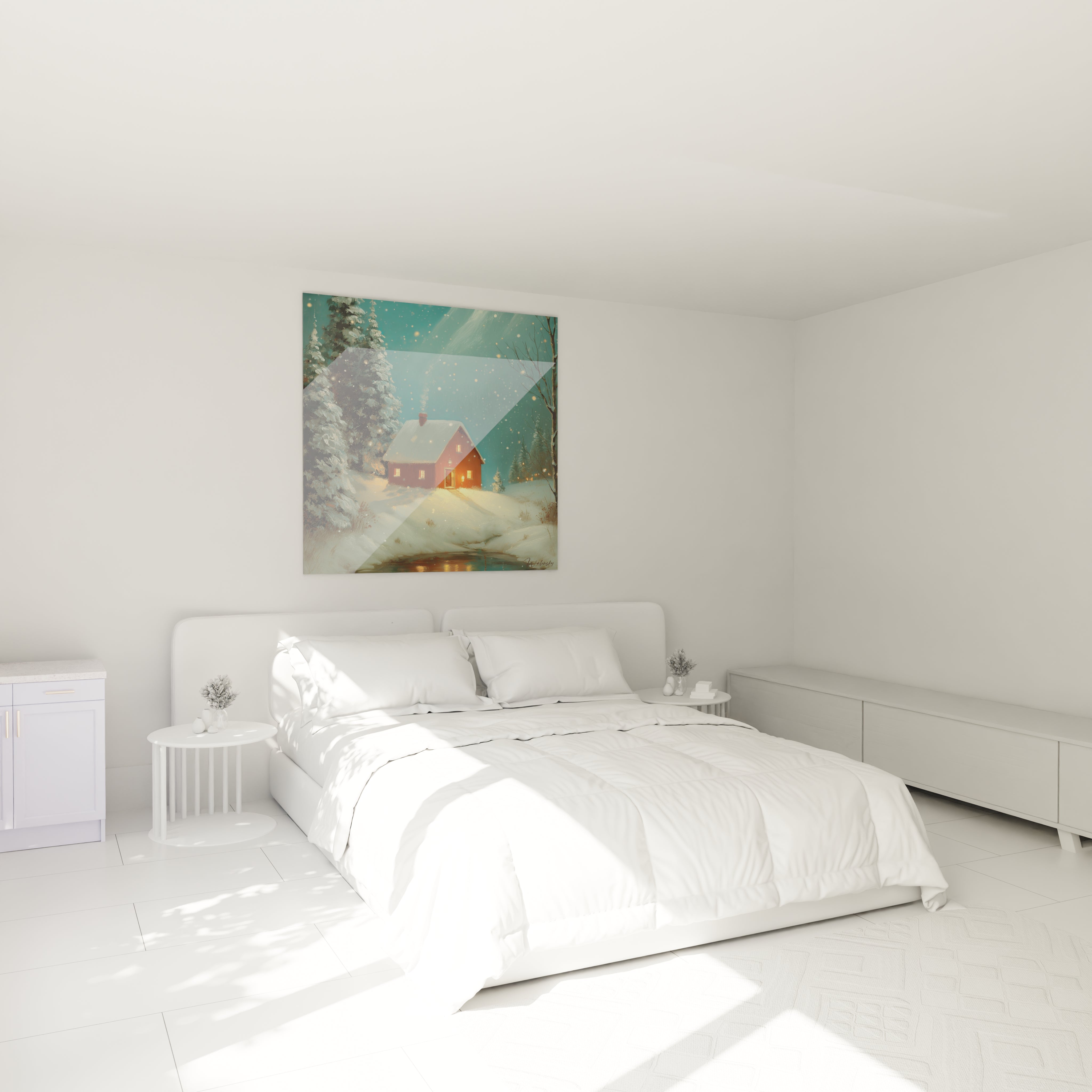Walensky tableau chalet hiver lueur ambrée au dessus d un lit blanc minimaliste baigné de lumière naturelle