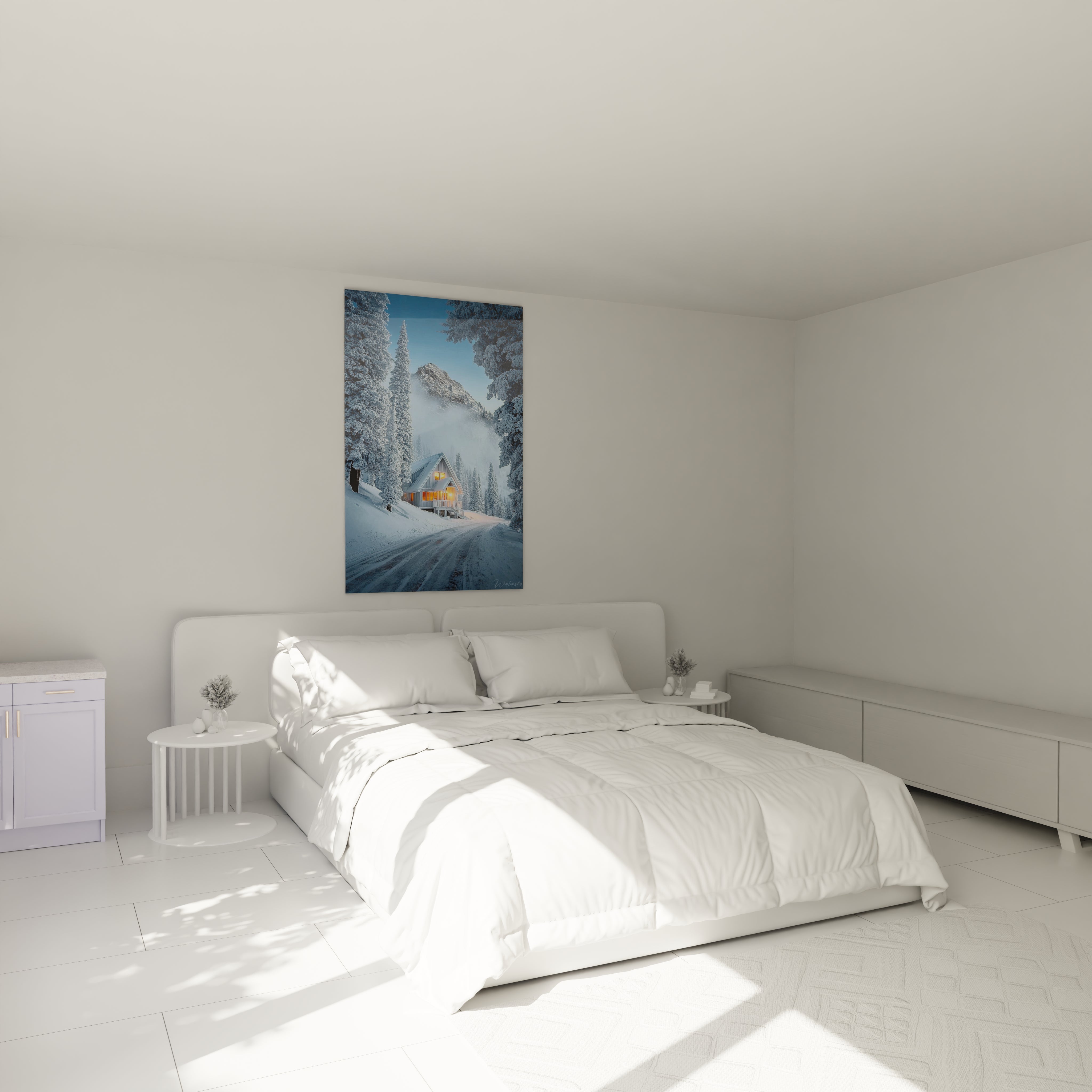 Tableau mural Walensky avec tableau chalet hiver lumineux suspendu au dessus d un lit blanc dans une chambre minimaliste