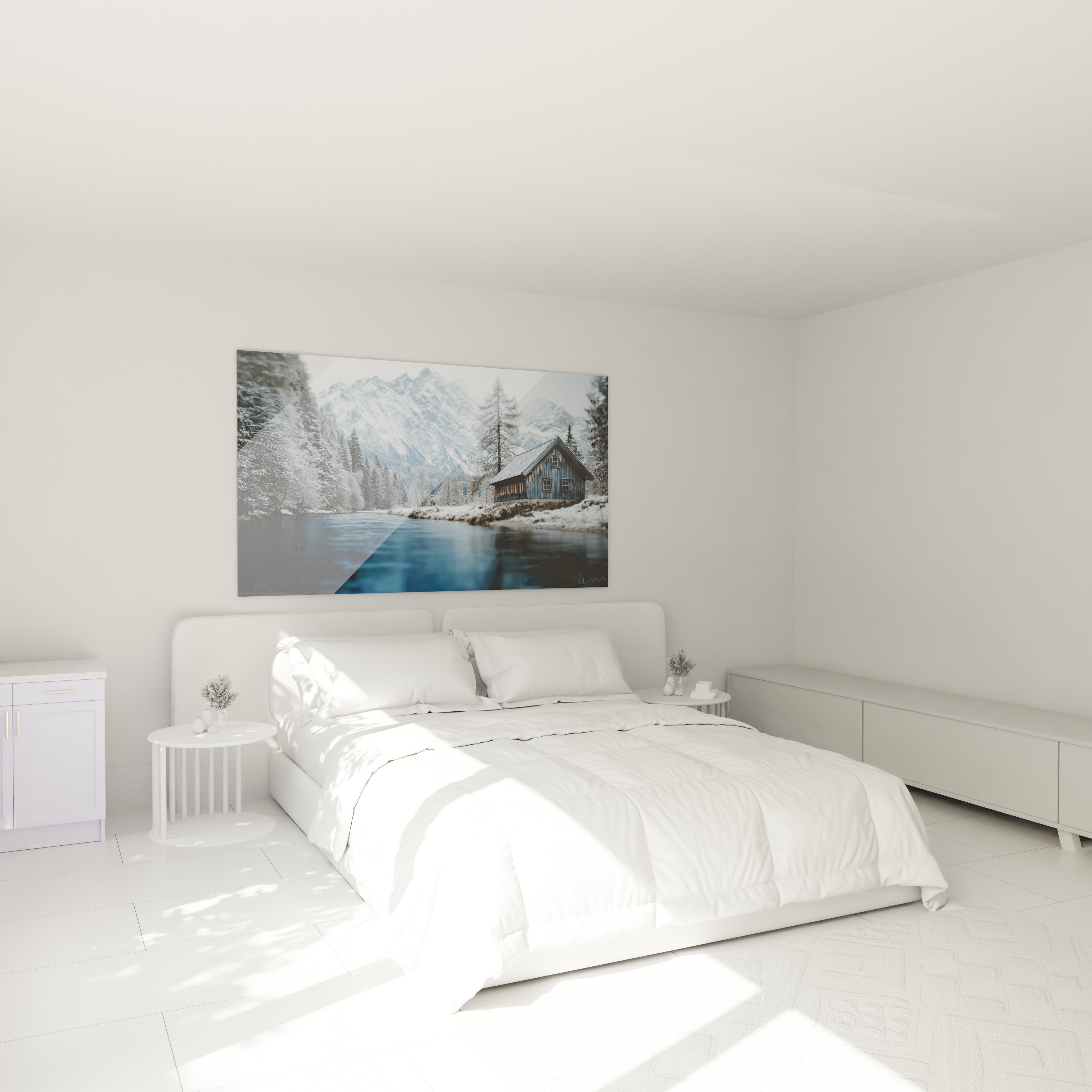 tableau chalet hivernal Walensky grand format au dessus du lit dans une chambre minimaliste blanche et lumineuse