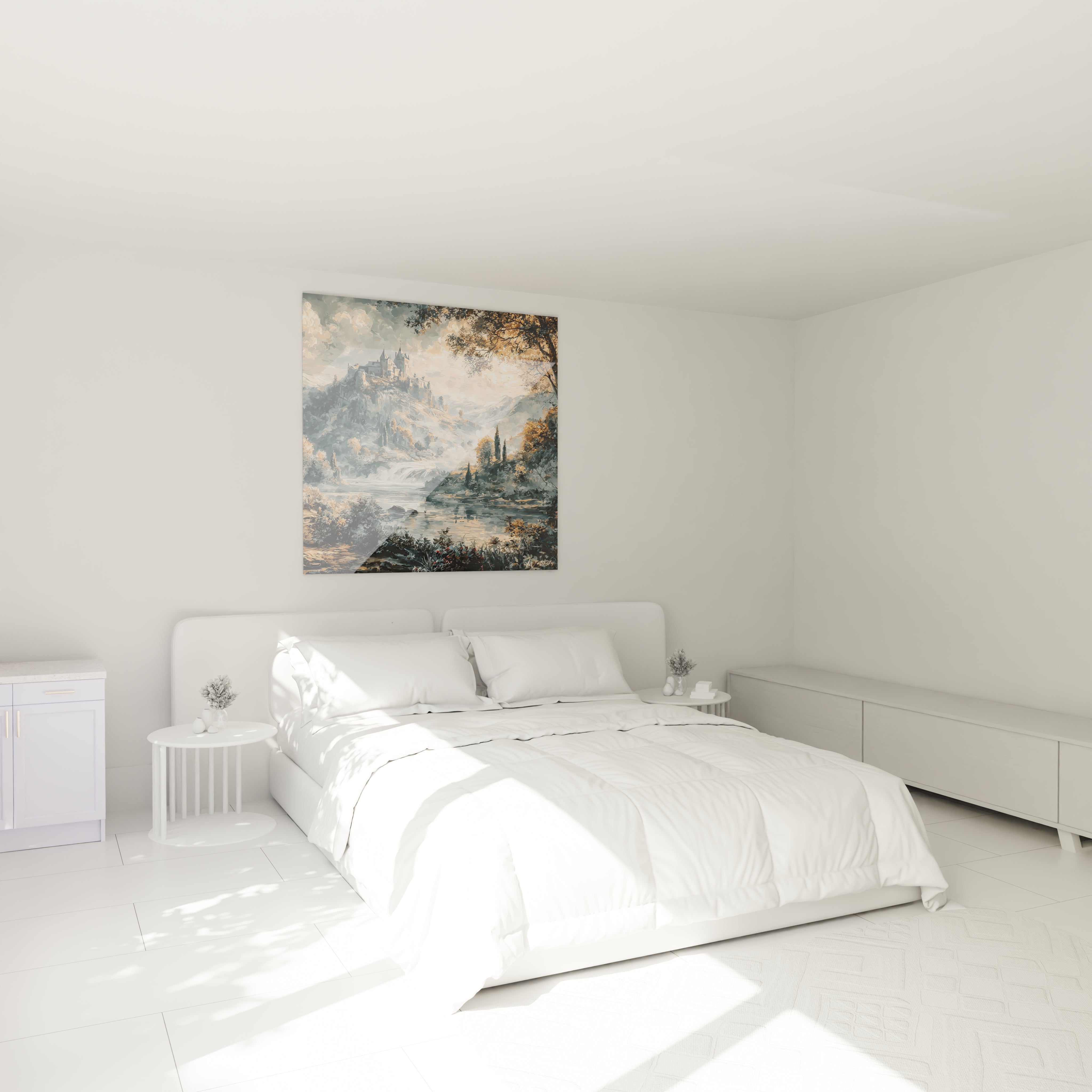 tableau château gothique Walensky suspendu au dessus du lit blanc minimaliste dans une chambre lumineuse