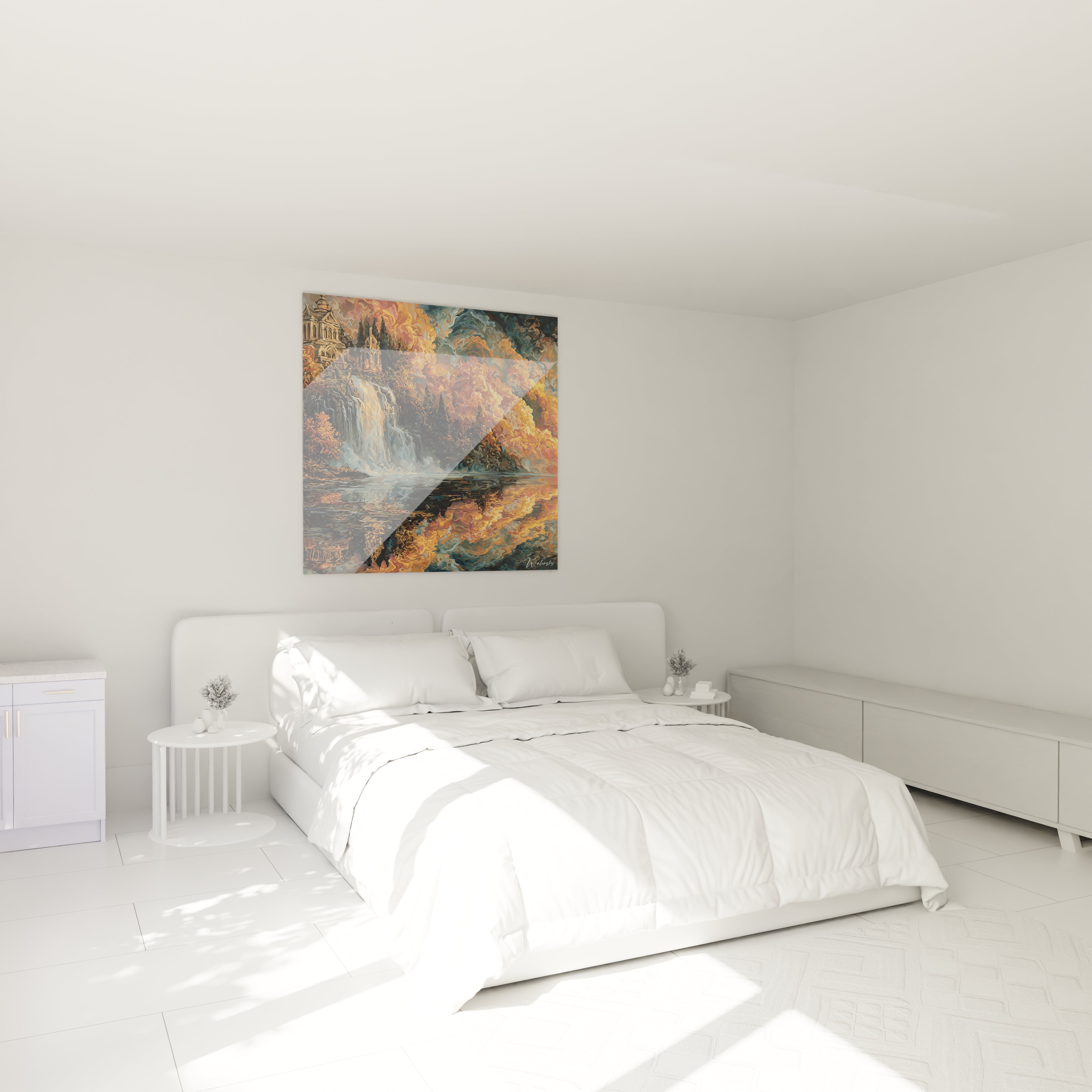 tableau château gothique Walensky accroché au dessus du lit blanc dans une chambre minimaliste et lumineuse