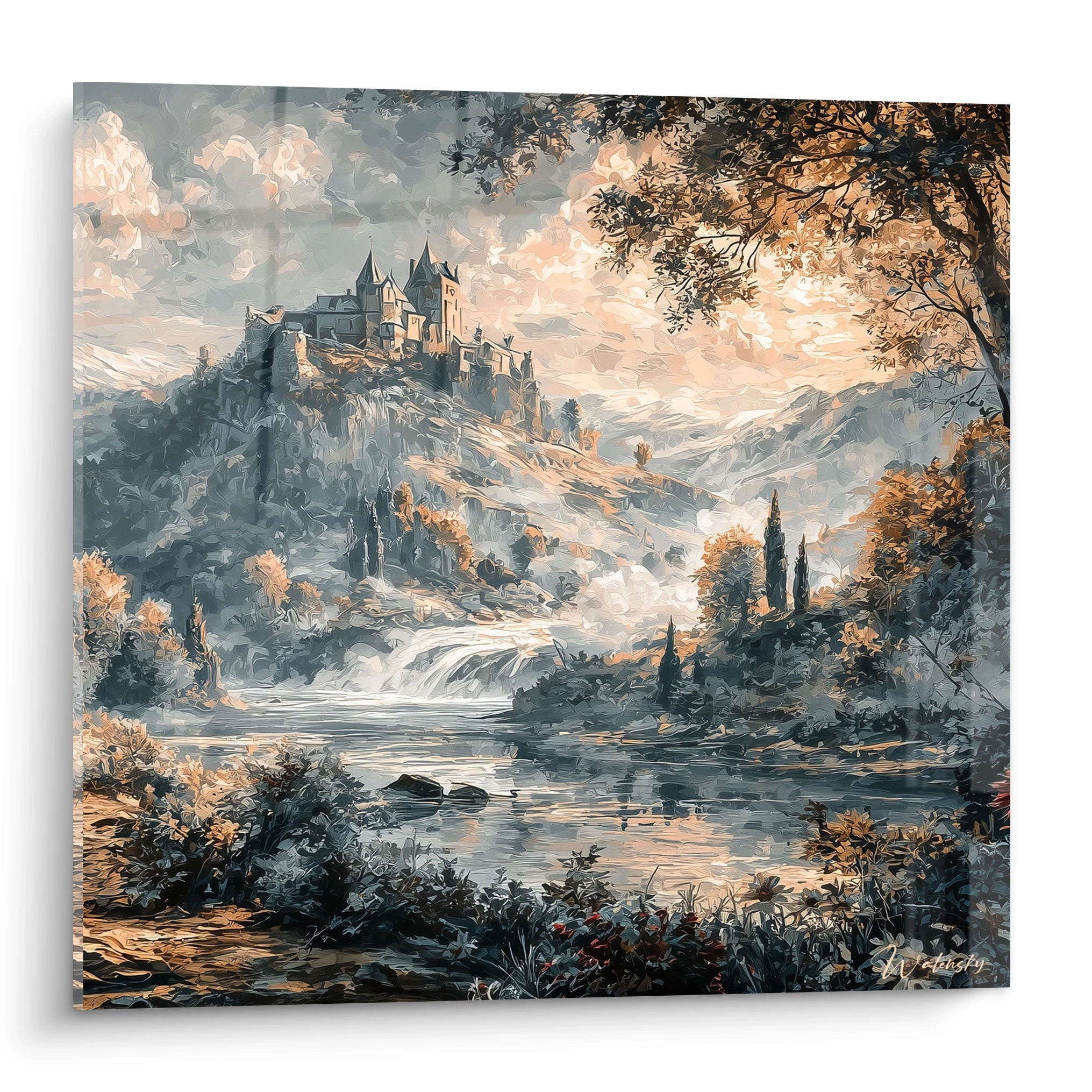 tableau château gothique Walensky montrant un château médiéval sur colline avec rivière et arbres