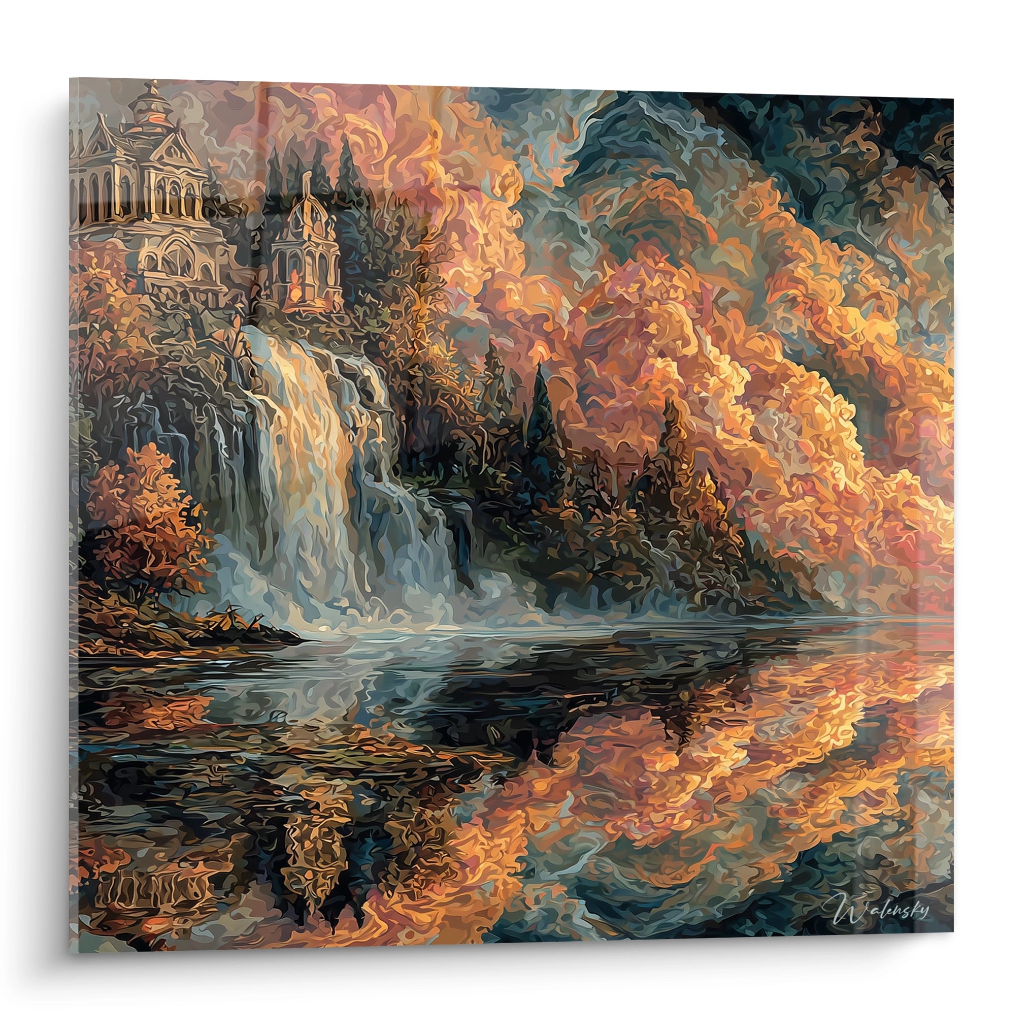 Walensky tableau mural tableau château gothique avec château sur falaise cascade reflet automnal couleurs chaudes