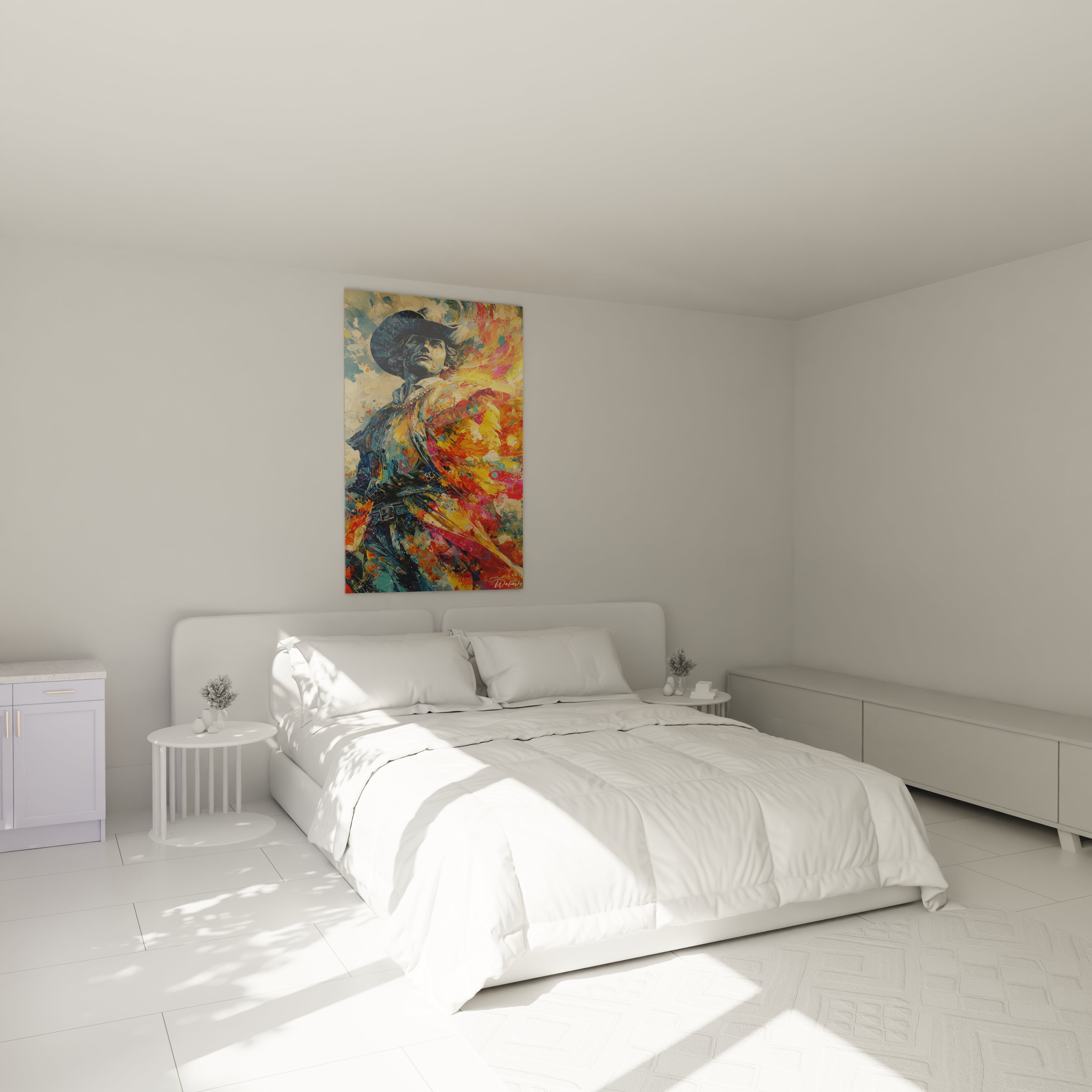 Chambre minimaliste lumineuse avec lit blanc et tableau Christophe Colomb coloré signé Walensky