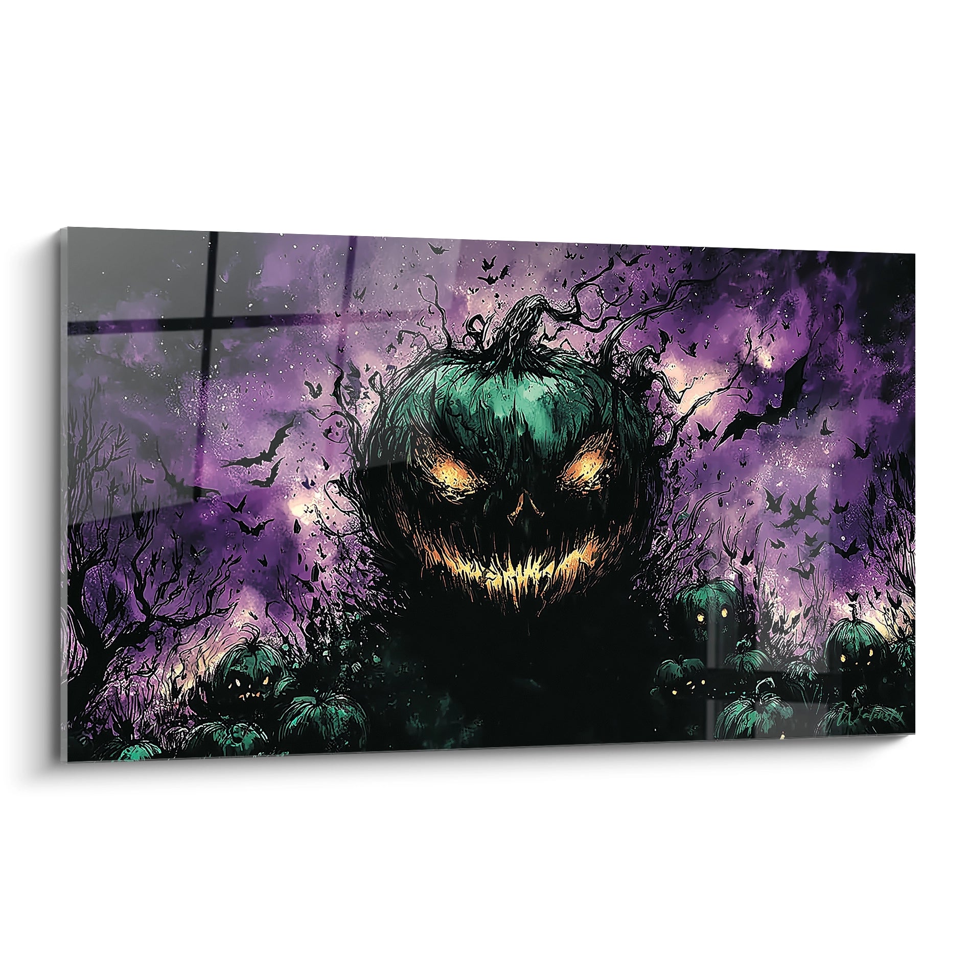 Walensky tableau citrouille halloween décoration murale sombre avec citrouille verte menaçante et chauves souris