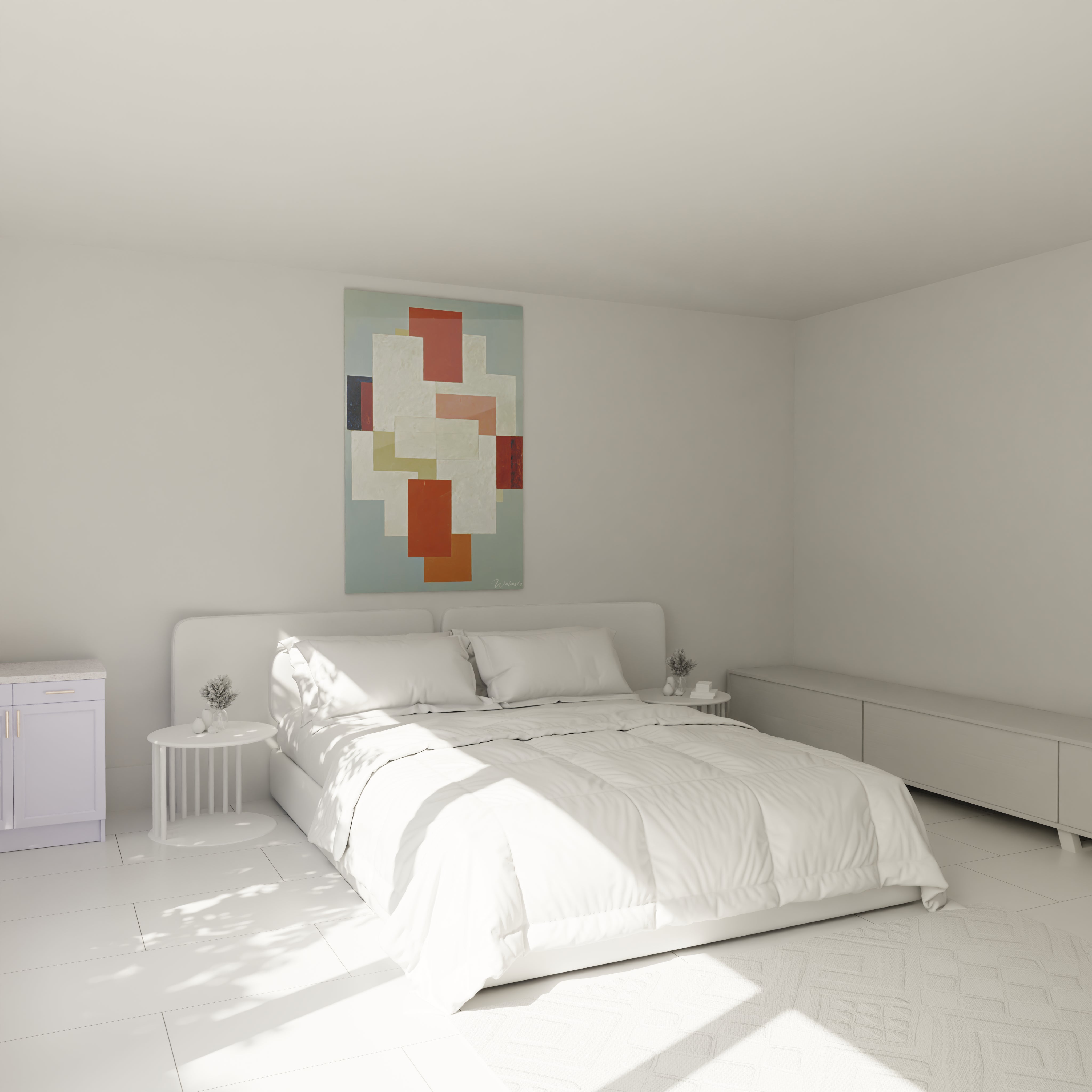 tableau constructivisme abstraction Walensky accroché au dessus d un lit blanc minimaliste dans une chambre lumineuse