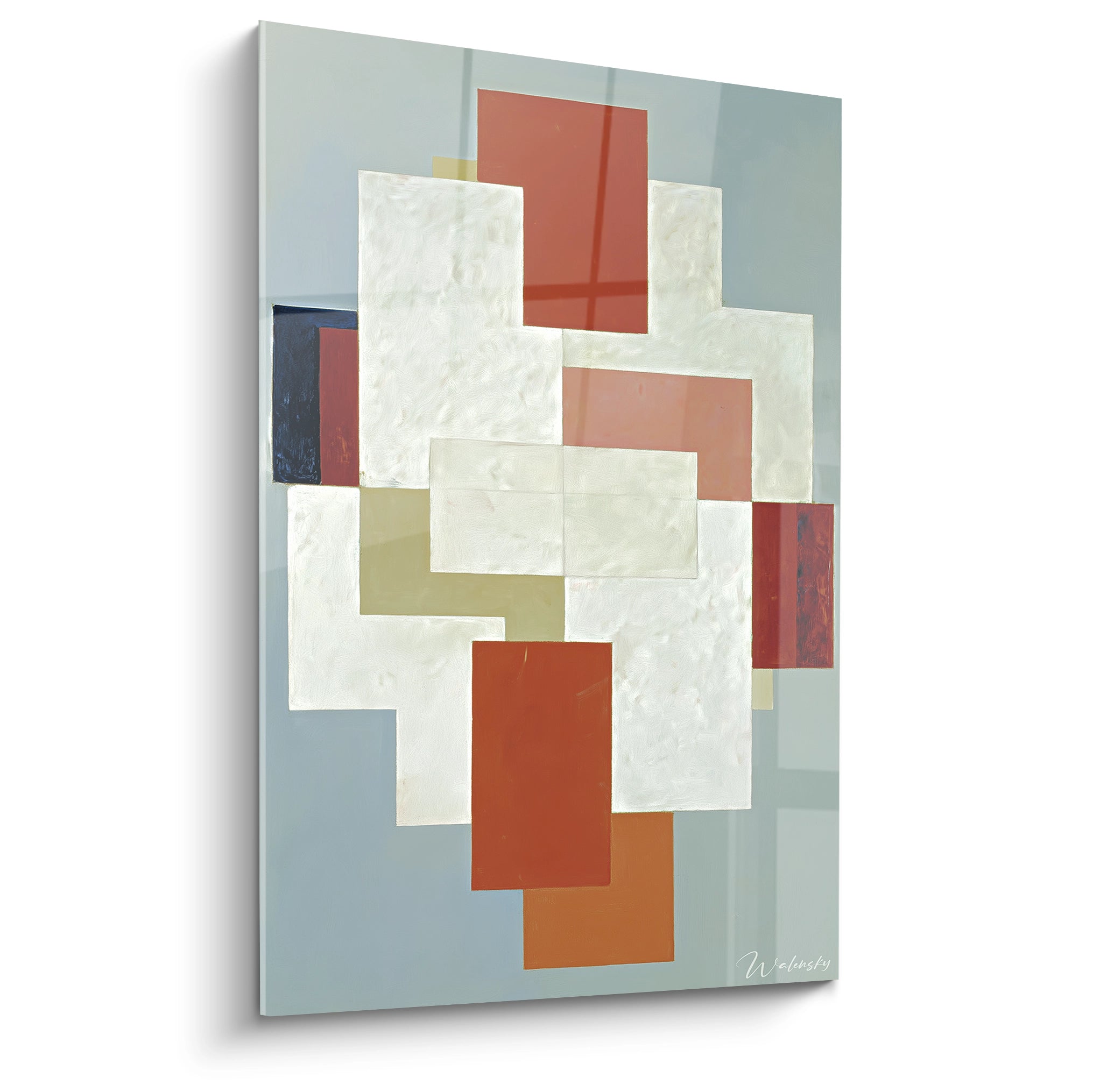 Walensky tableau constructivisme abstraction mural avec formes rectangulaires superposées tons rouges beiges et blanc