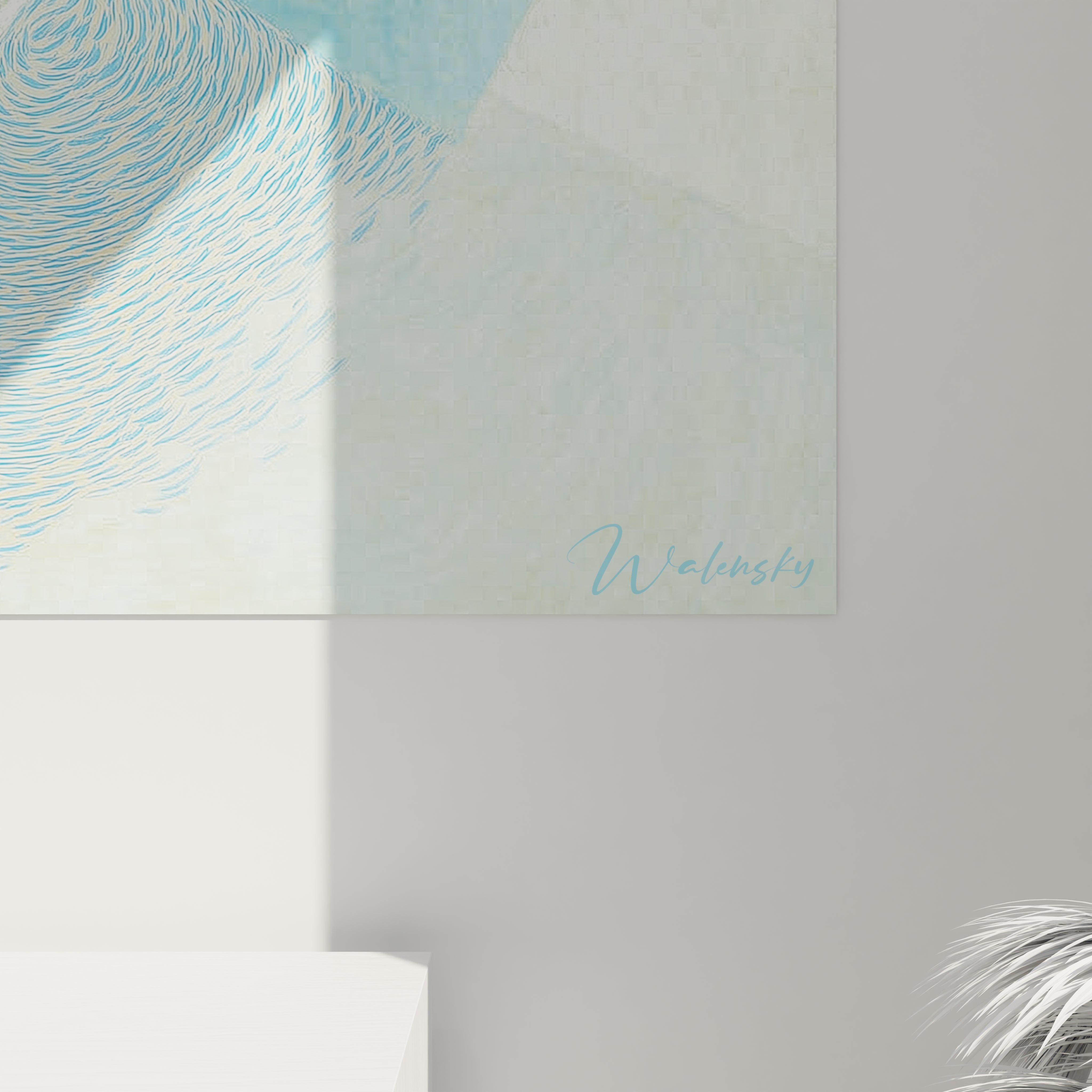 Tableau constructivisme géométrique Walensky mural pastel bleu et beige avec signature sur coin