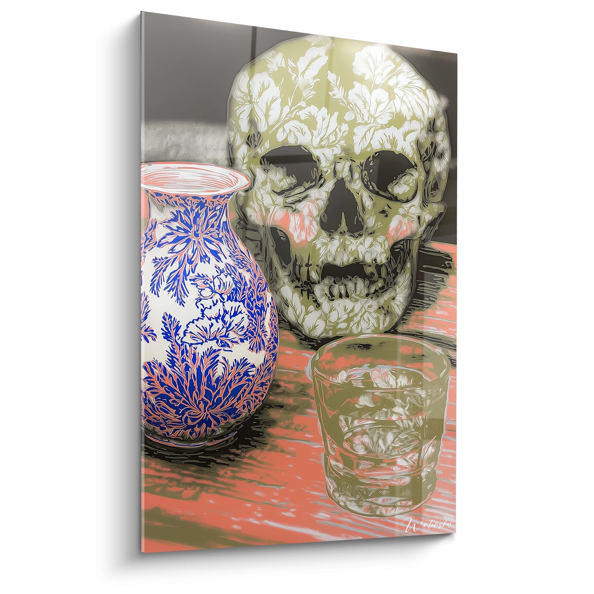 tableau crâne artistique Walensky montrant crâne floral stylisé avec vase bleu et verre sur table en bois