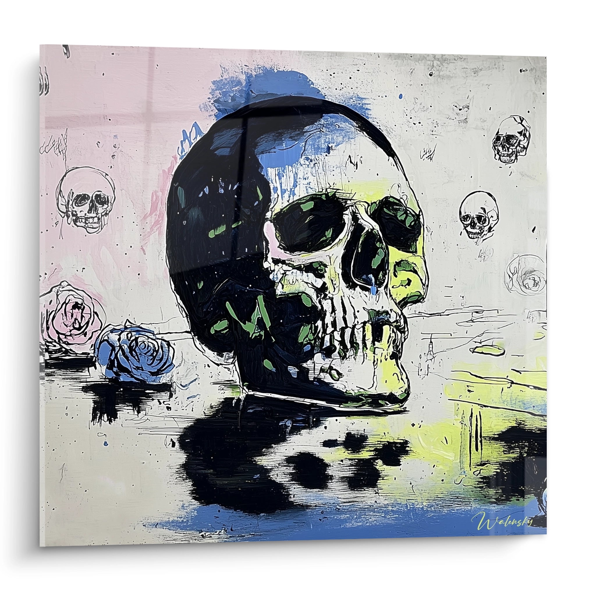 Tableau mural Walensky avec tableau crâne bleu vanité stylisé roses et touches de peinture bleue et noire