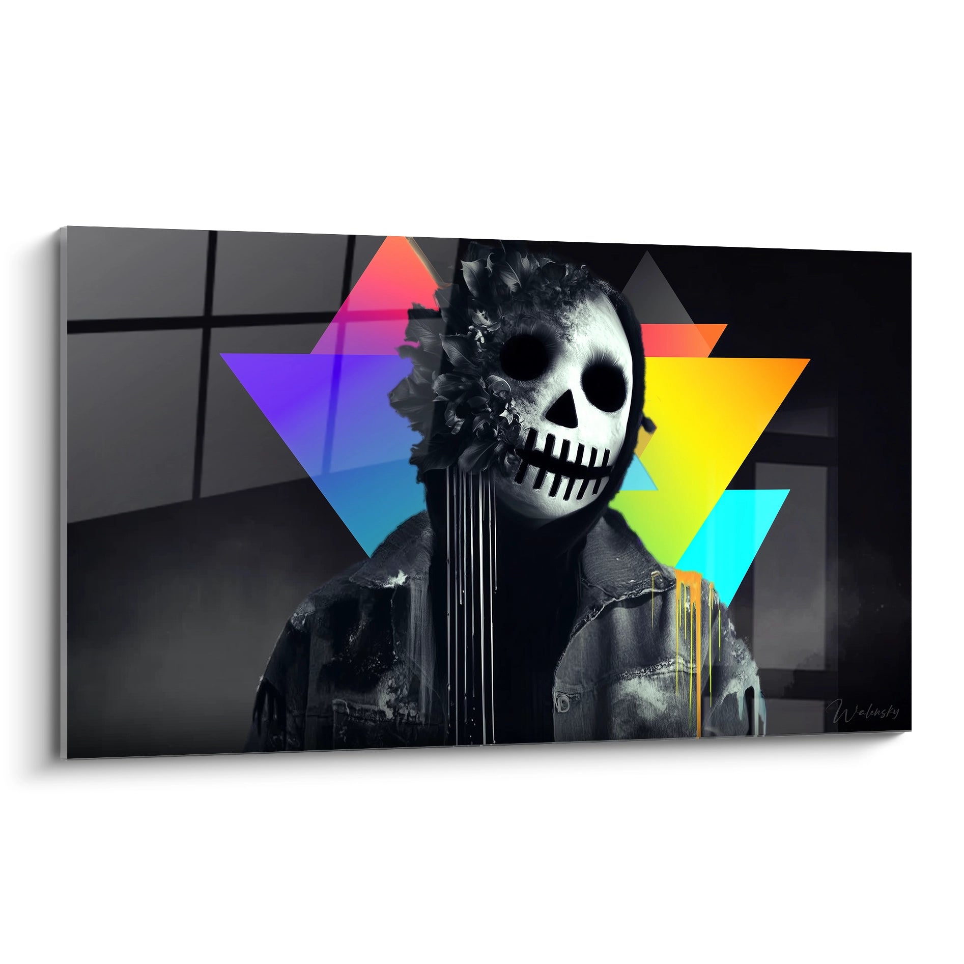 tableau crâne design halloween Walensky portrait sombre masque crâne stylisé triangles colorés peinture