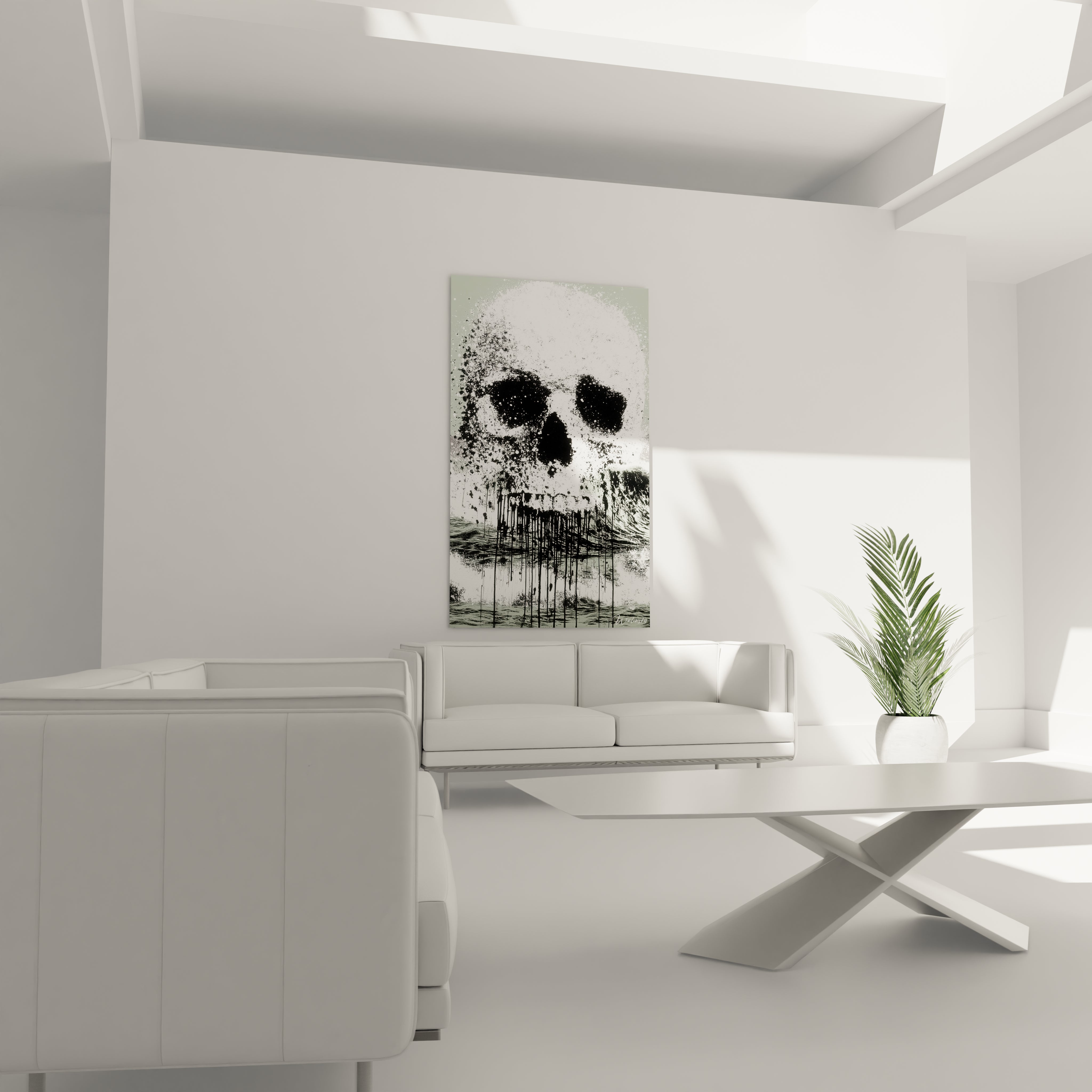 tableau crâne design Walensky accroché au mur d un salon blanc moderne au dessus d un canapé