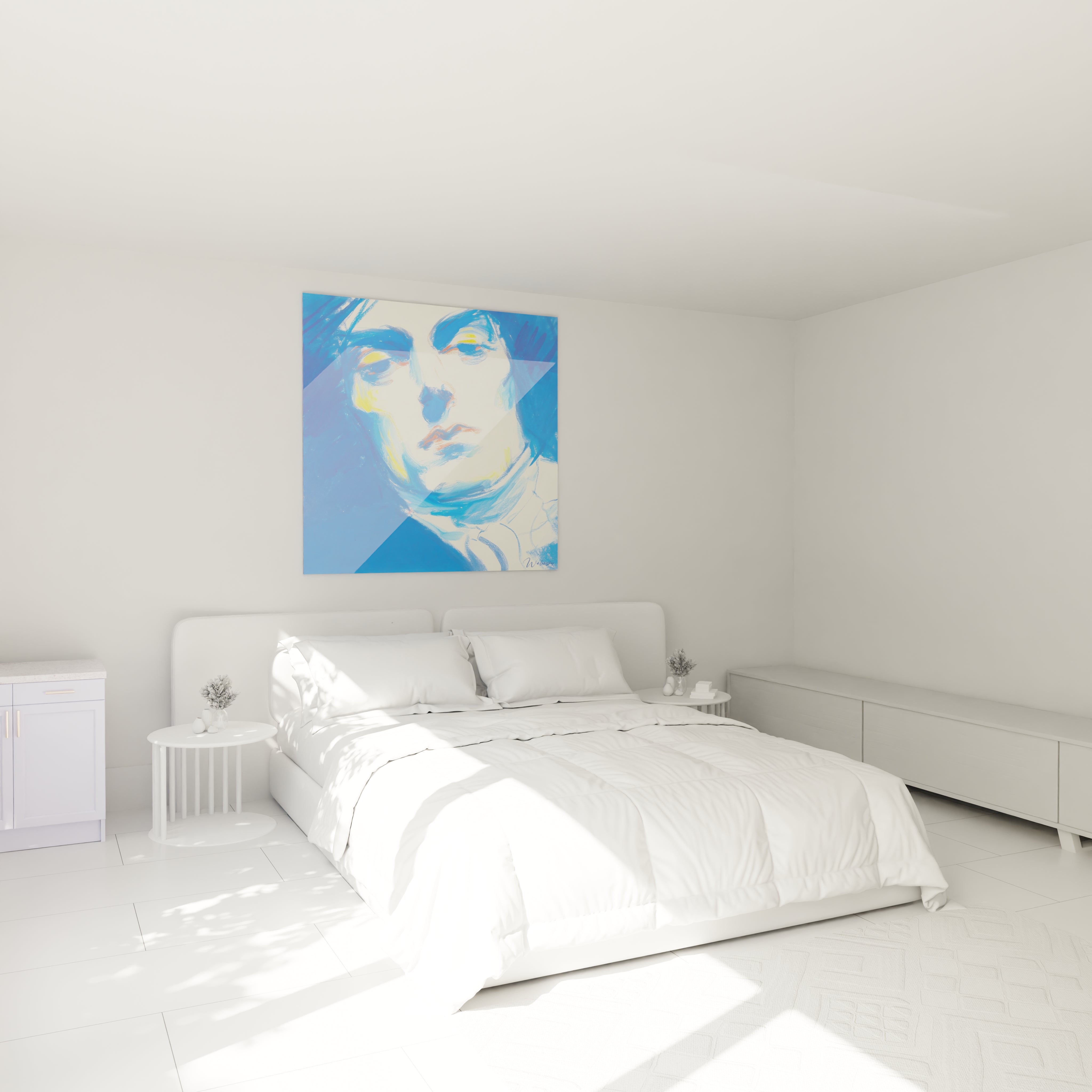 tableau cristal introspectif Louis XIV Walensky accroché au dessus du lit dans une chambre minimaliste