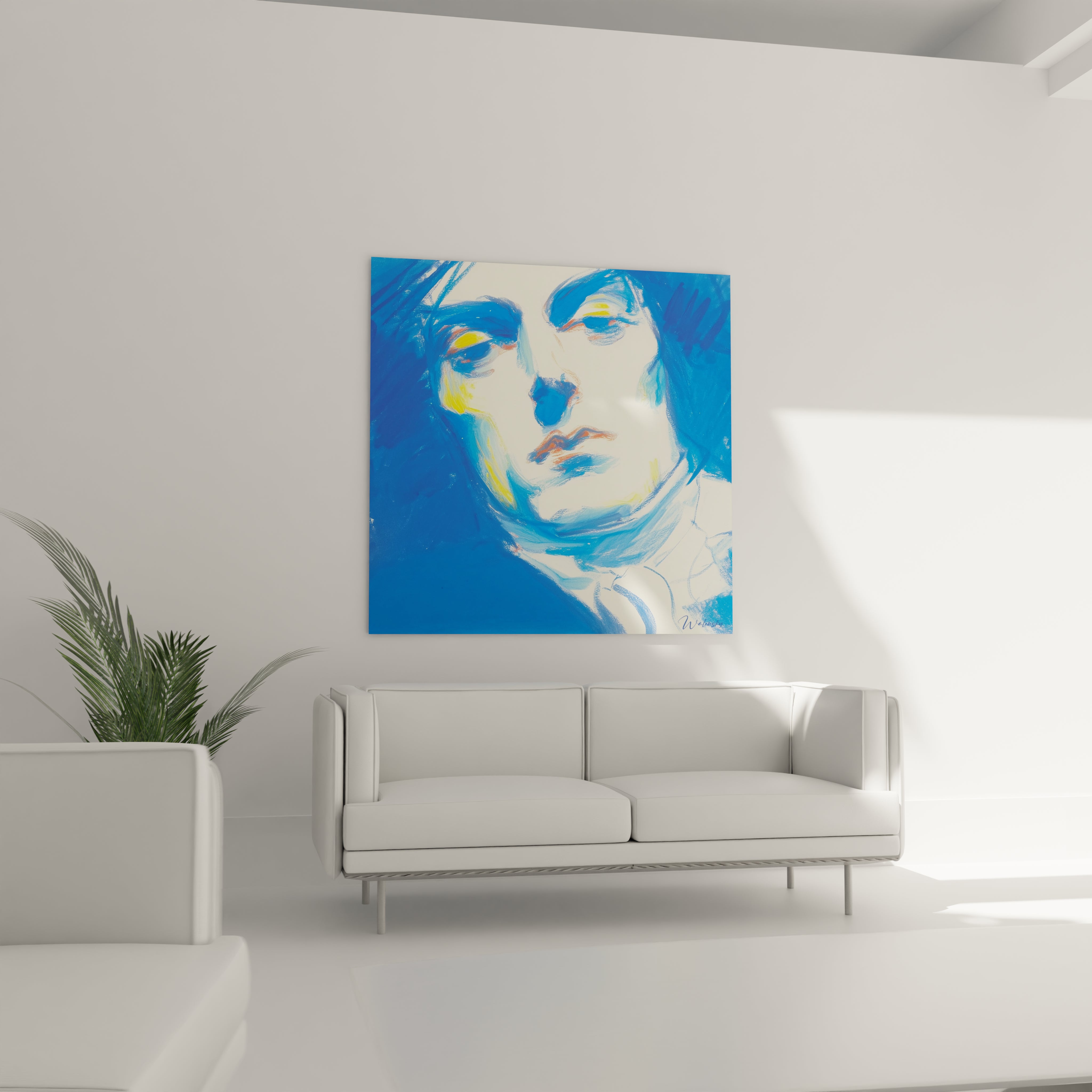 Tableau mural Walensky portrait bleu moderne accroche au dessus d un canapé tableau cristal introspectif Louis XIV