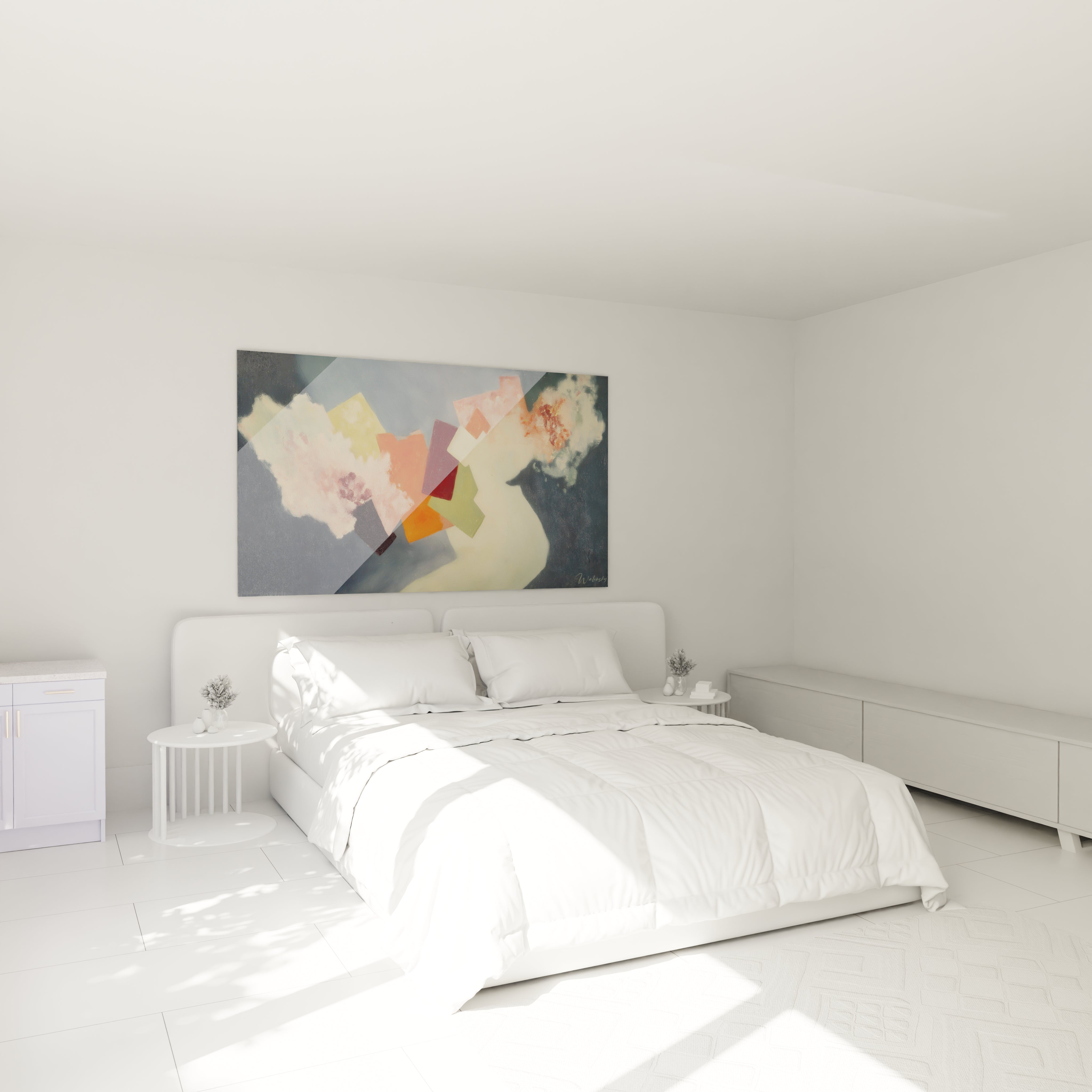 Walensky tableau dadaïsme formes géométriques mural au dessus du lit blanc dans une chambre minimaliste lumineuse