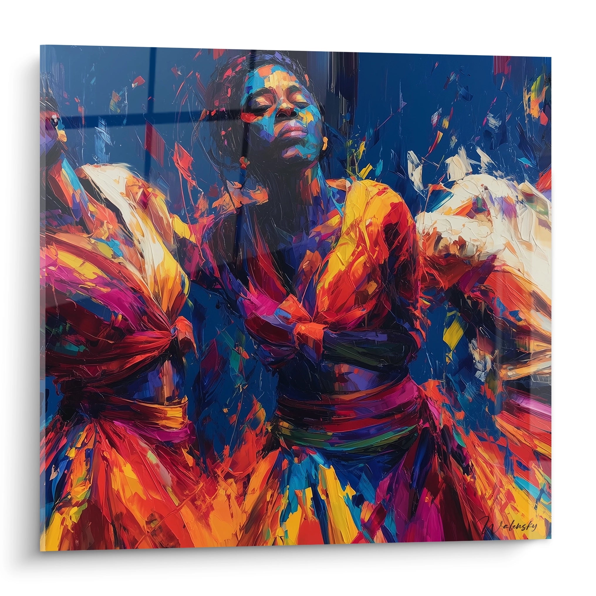 tableau danseuse africaine mural Walensky peinture abstraite aux couleurs vives orange bleu rouge dynamique
