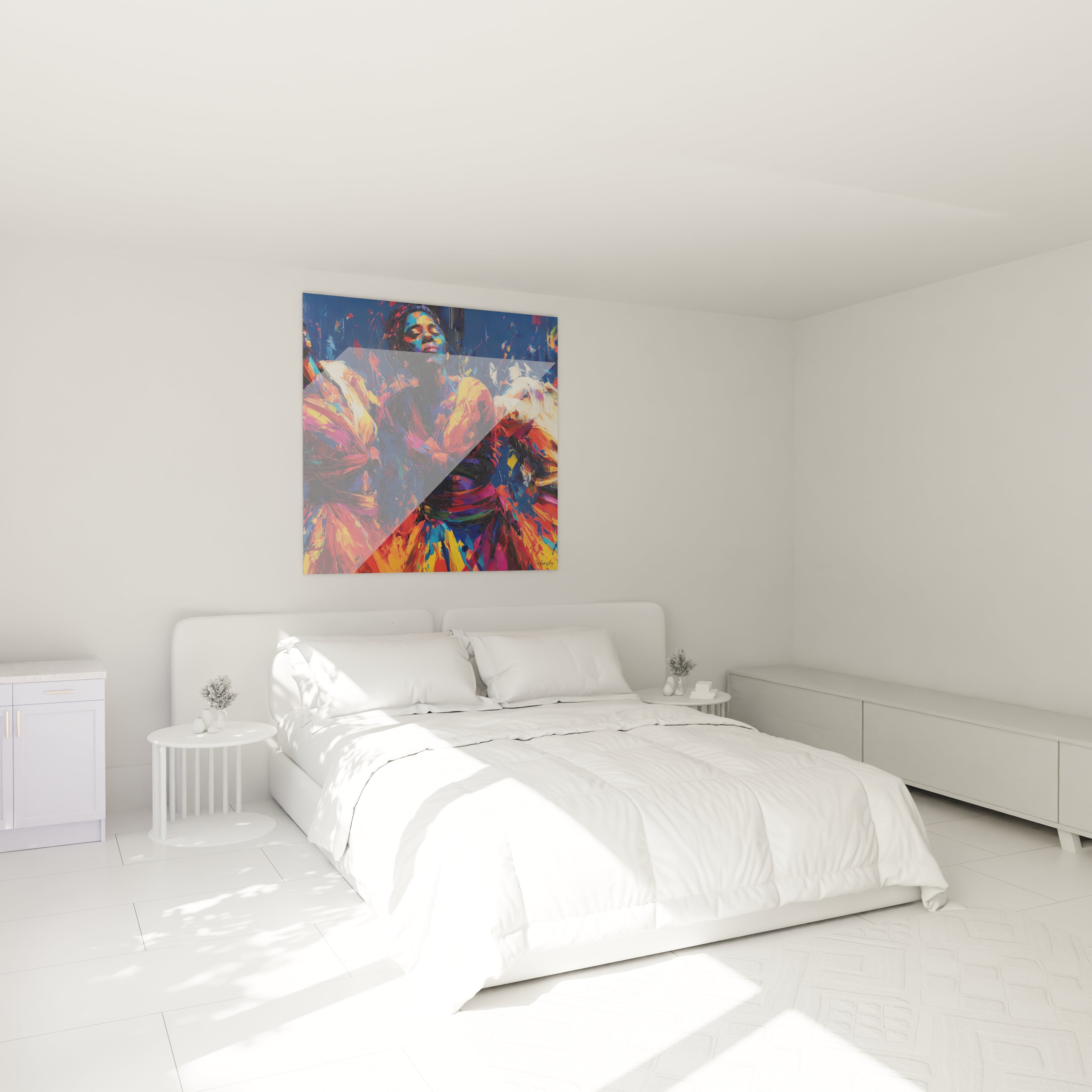 tableau danseuse africaine Walensky colore accroche au dessus d un lit blanc dans une chambre minimaliste
