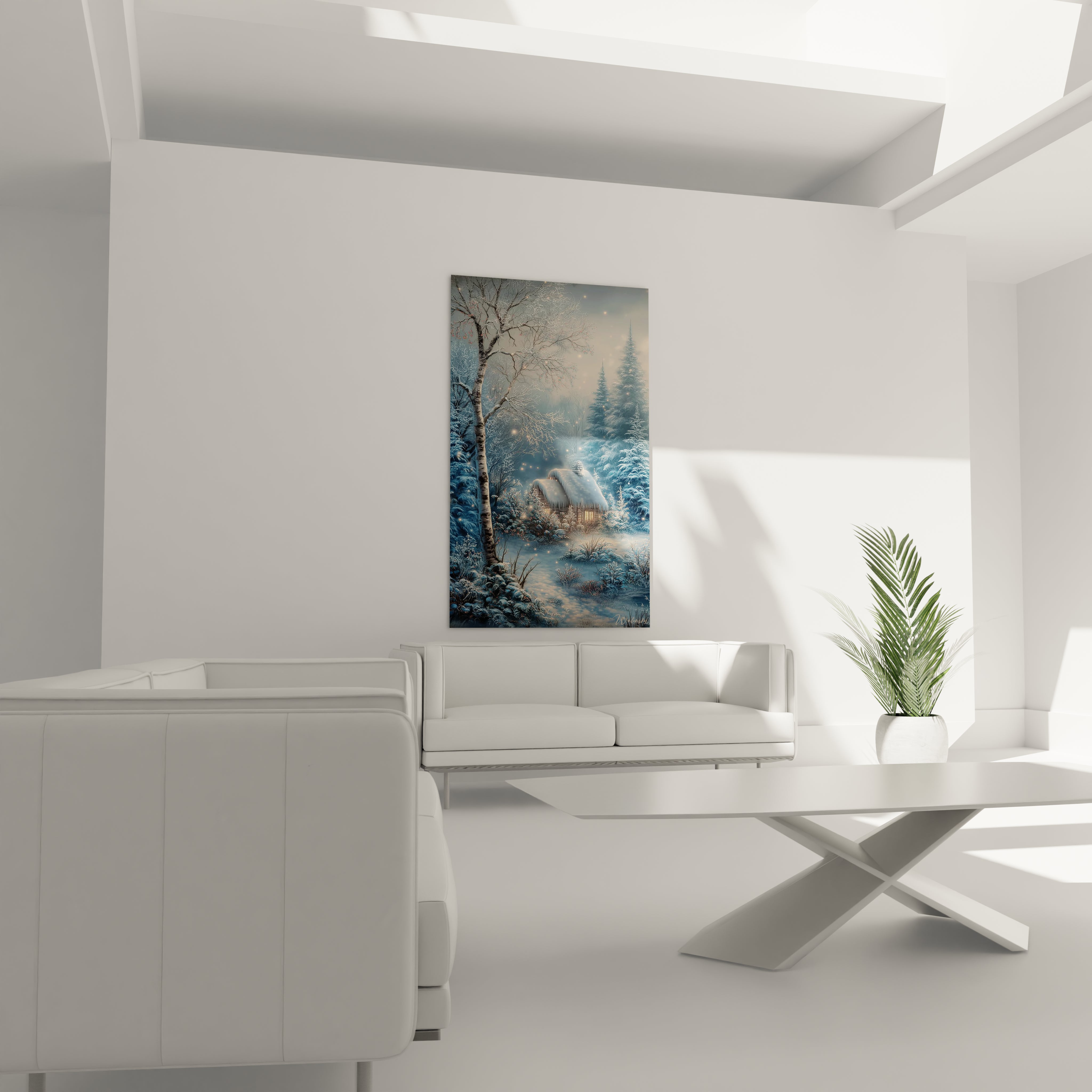 Tableau Walensky accroché dans un salon moderne montrant un paysage de tableau déco chalet enneigé