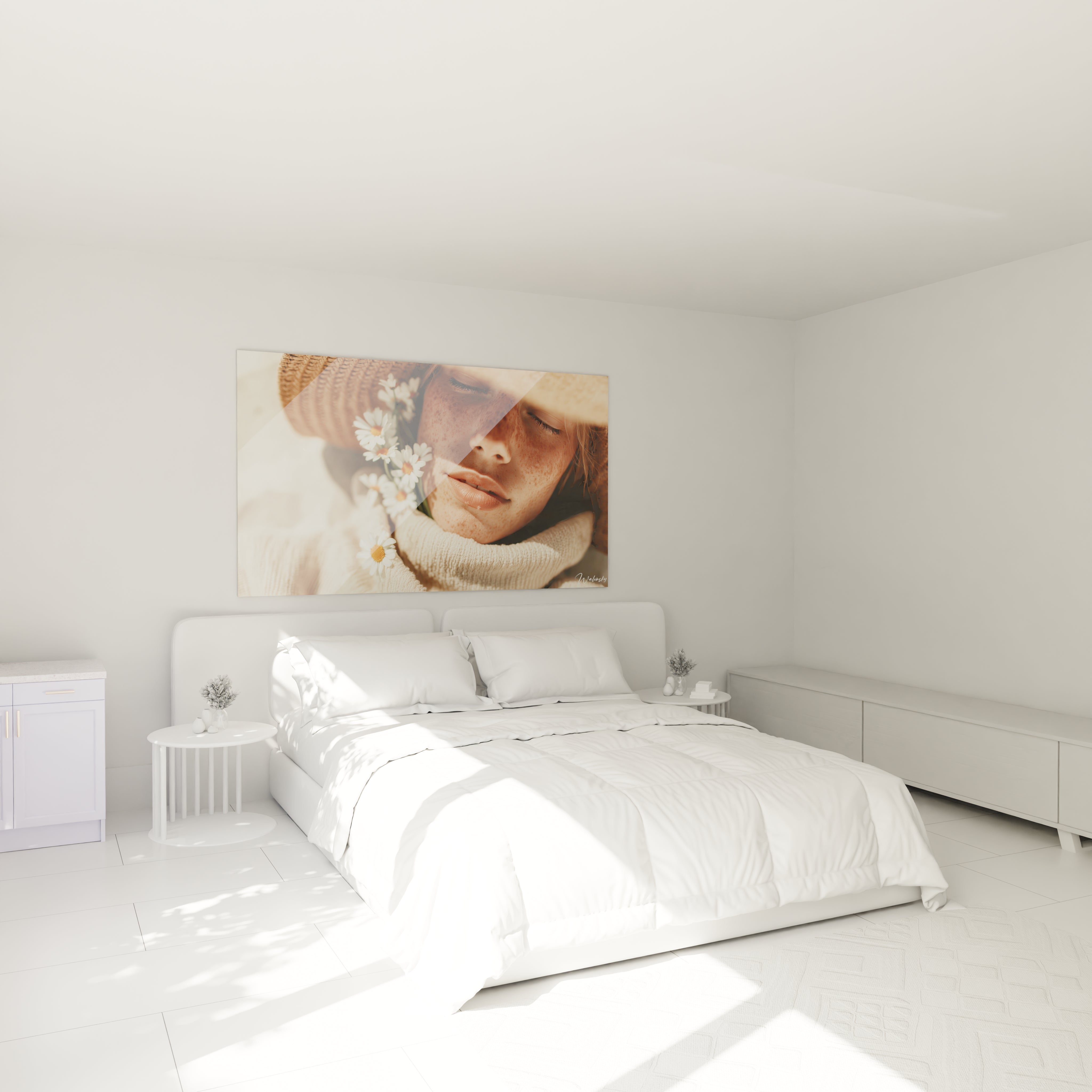 tableau déco femme Walensky photo montrant une femme au chapeau et fleurs tableau mural dans chambre blanche minimaliste