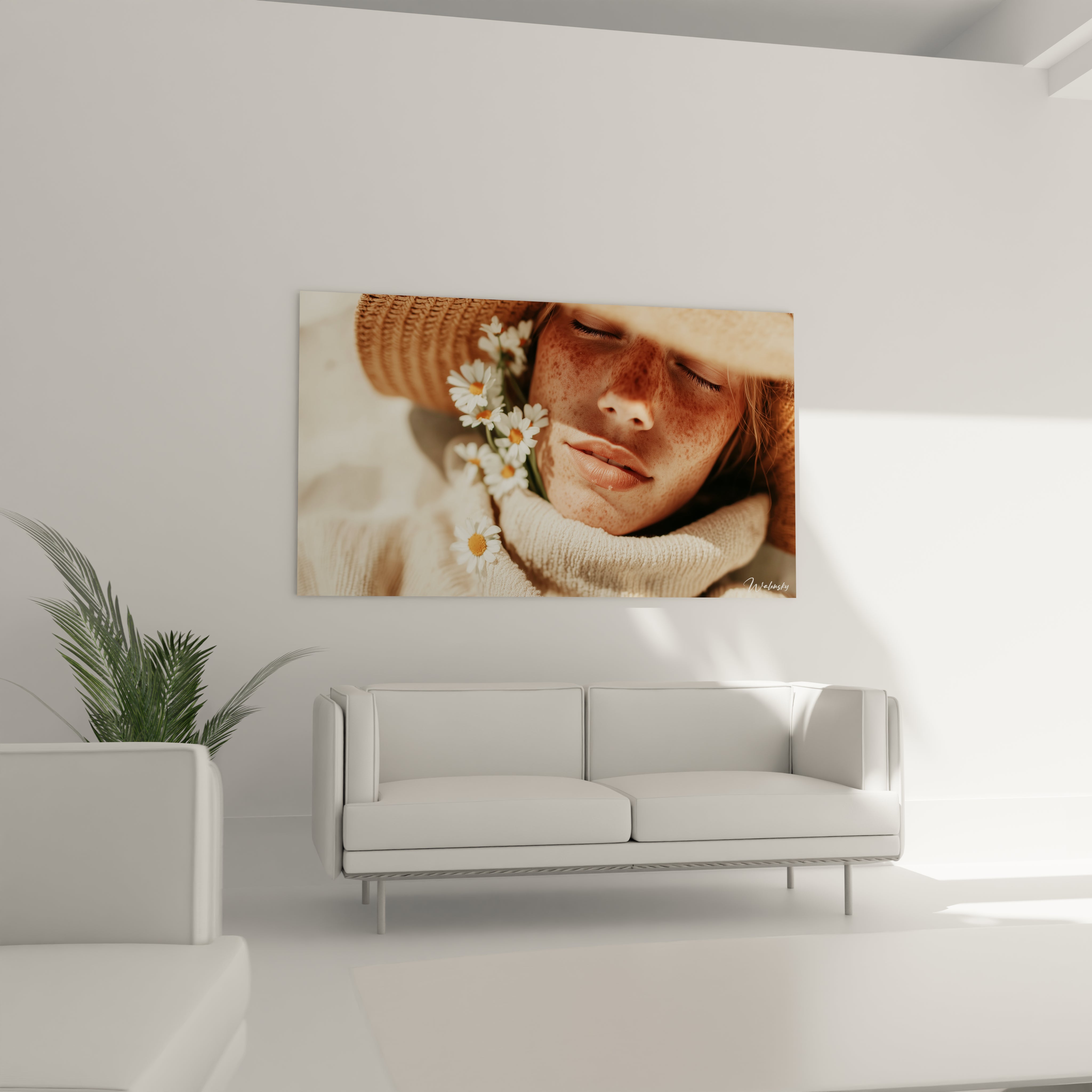 Walensky tableau déco femme portrait d'une femme au chapeau et marguerites yeux fermés tons chauds