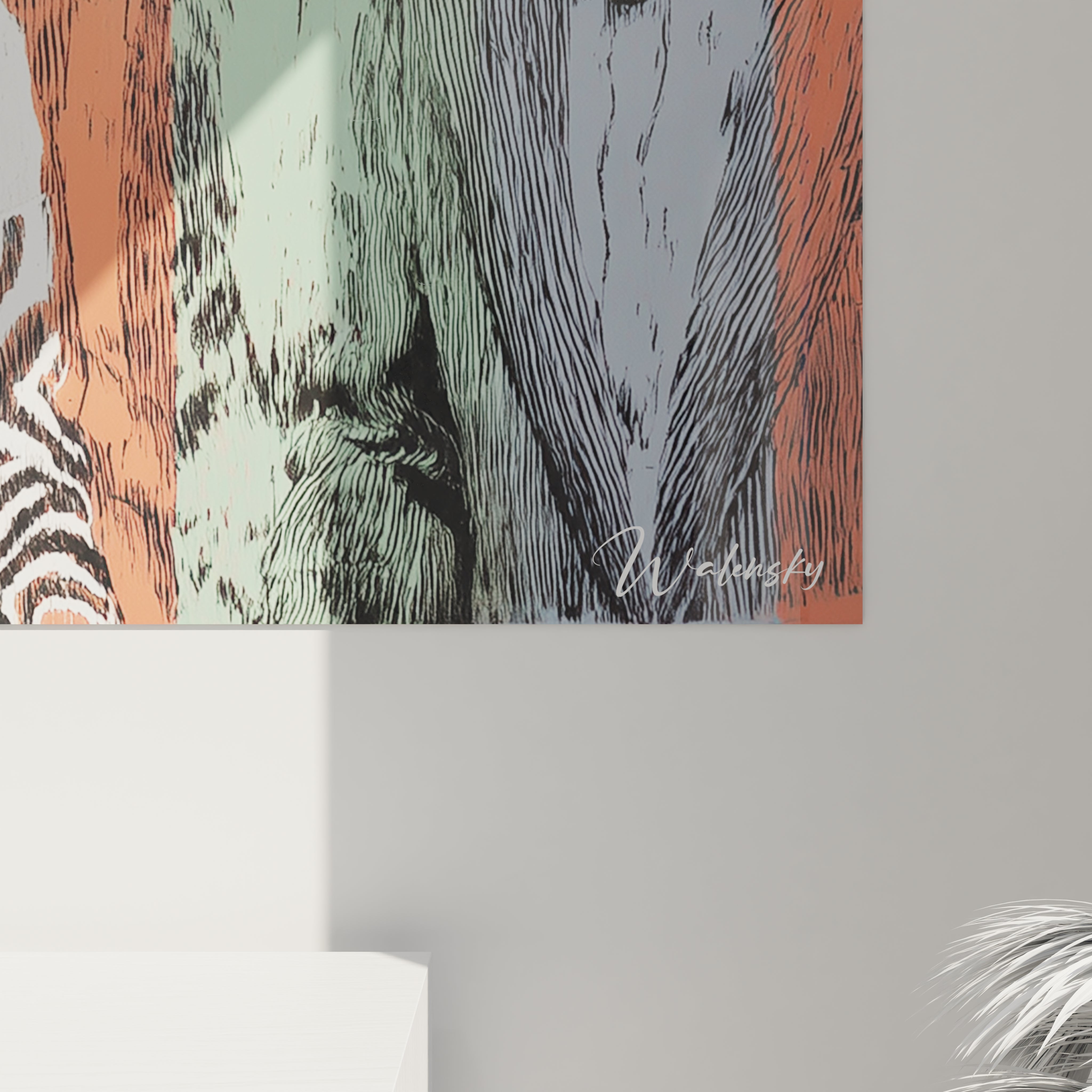 Tableau mural Walensky style graphique zèbre et bois en tons vert orange gris, tableau élégance macabre signé