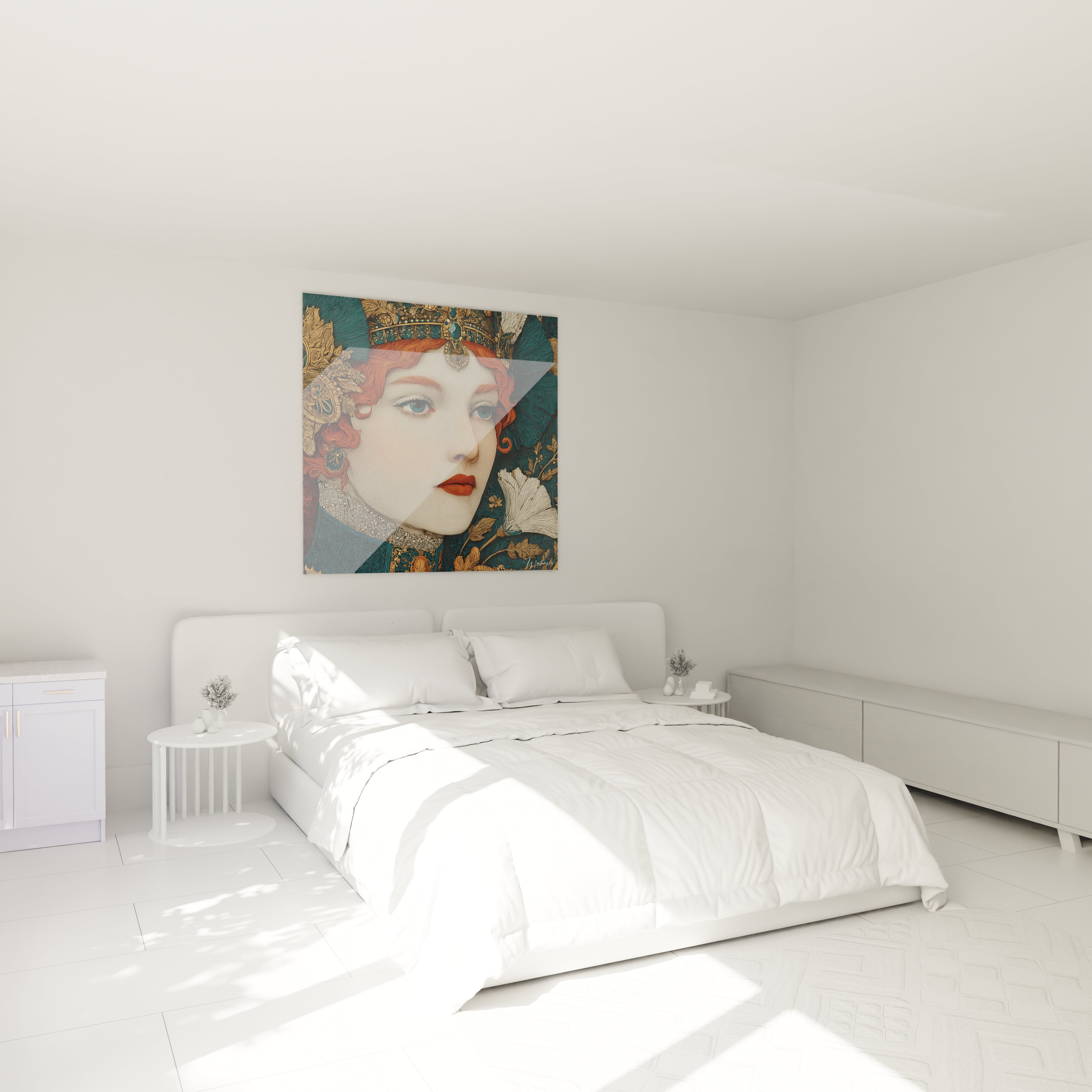 Tableau mural Walensky montrant une femme stylisée, tableau femme art nouveau, accroché au dessus du lit blanc minimaliste
