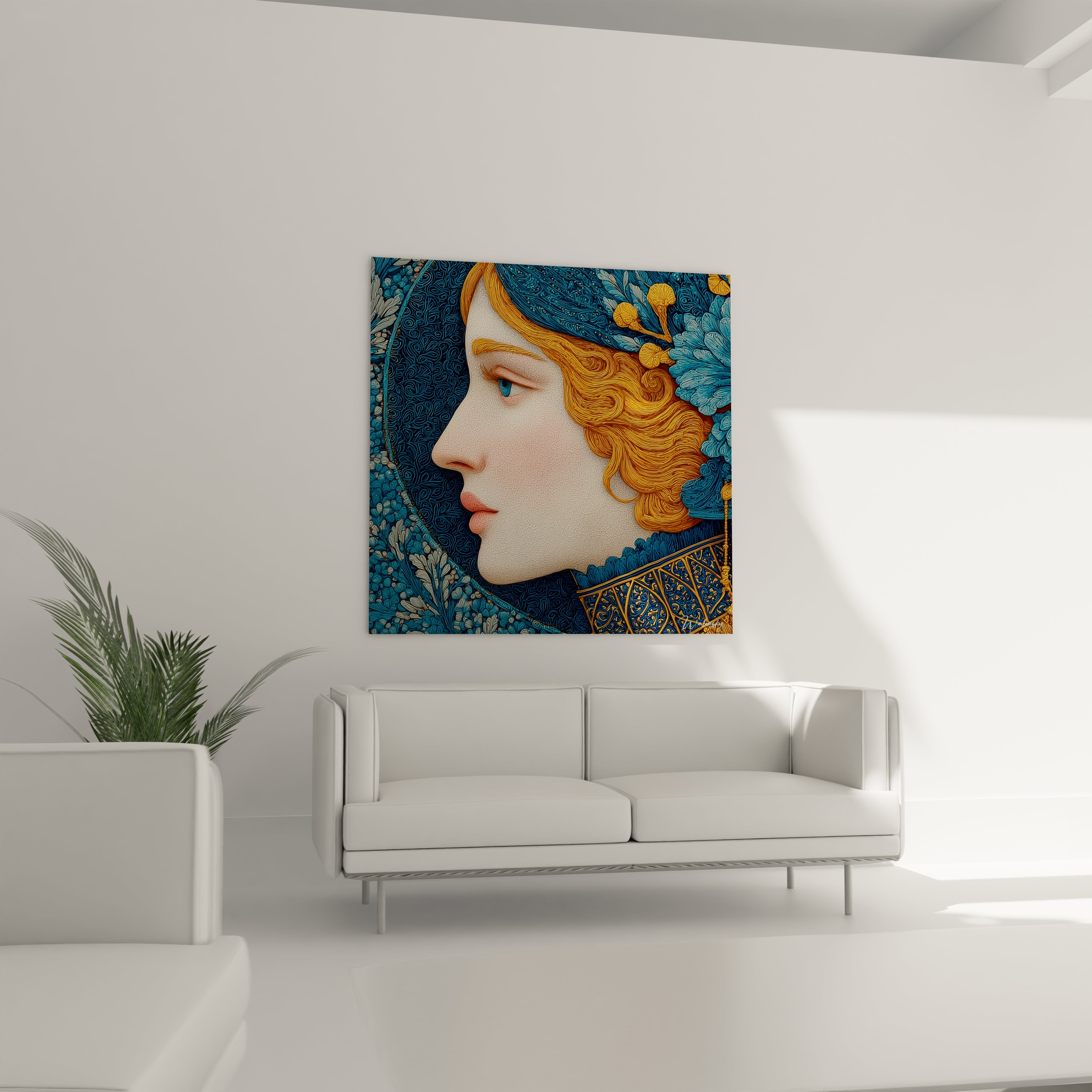tableau femme art nouveau Walensky portrait en profil d une femme aux cheveux blonds et motifs floraux bleus