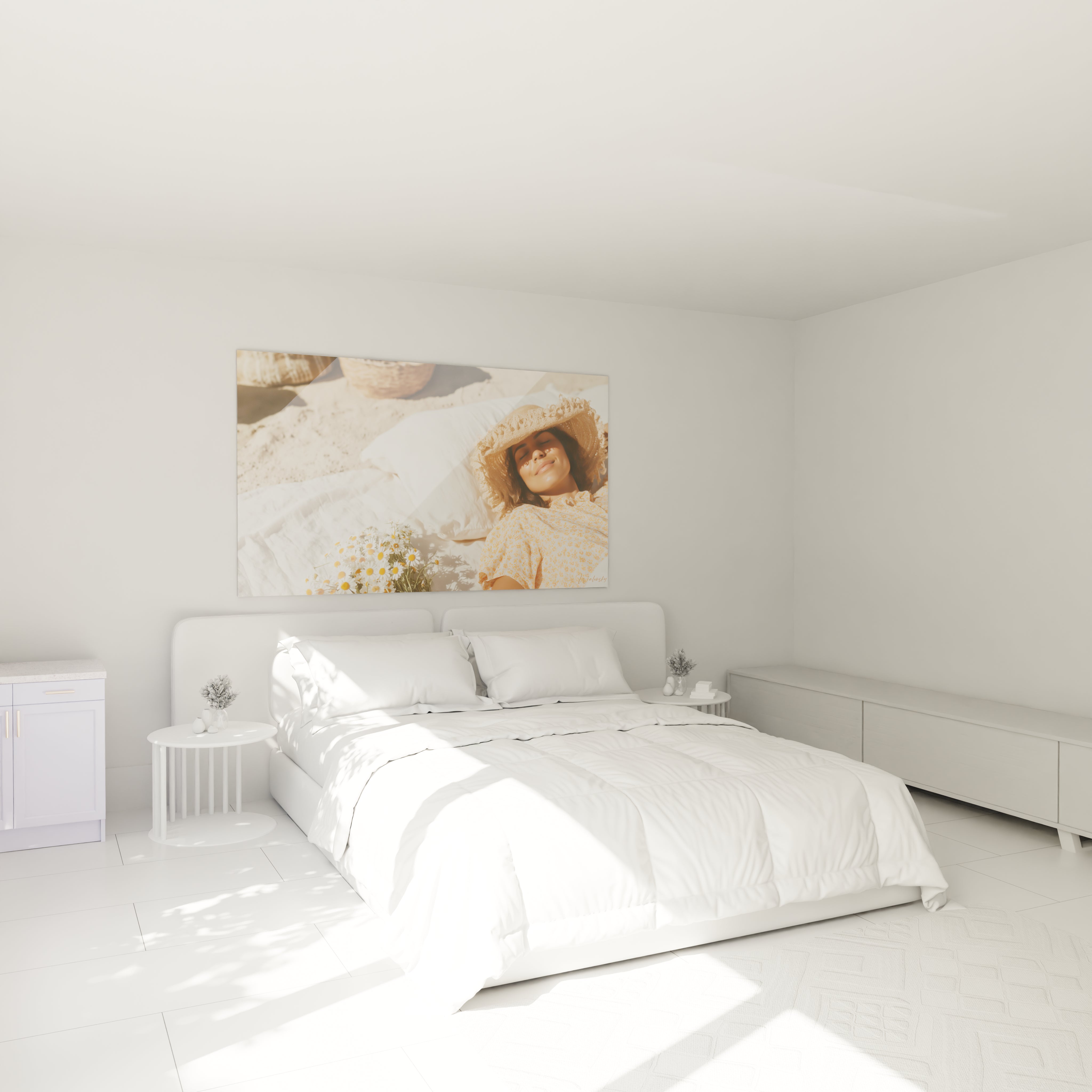 tableau femme au chapeau Walensky mural dans chambre minimaliste femme au chapeau de paille allongée au soleil