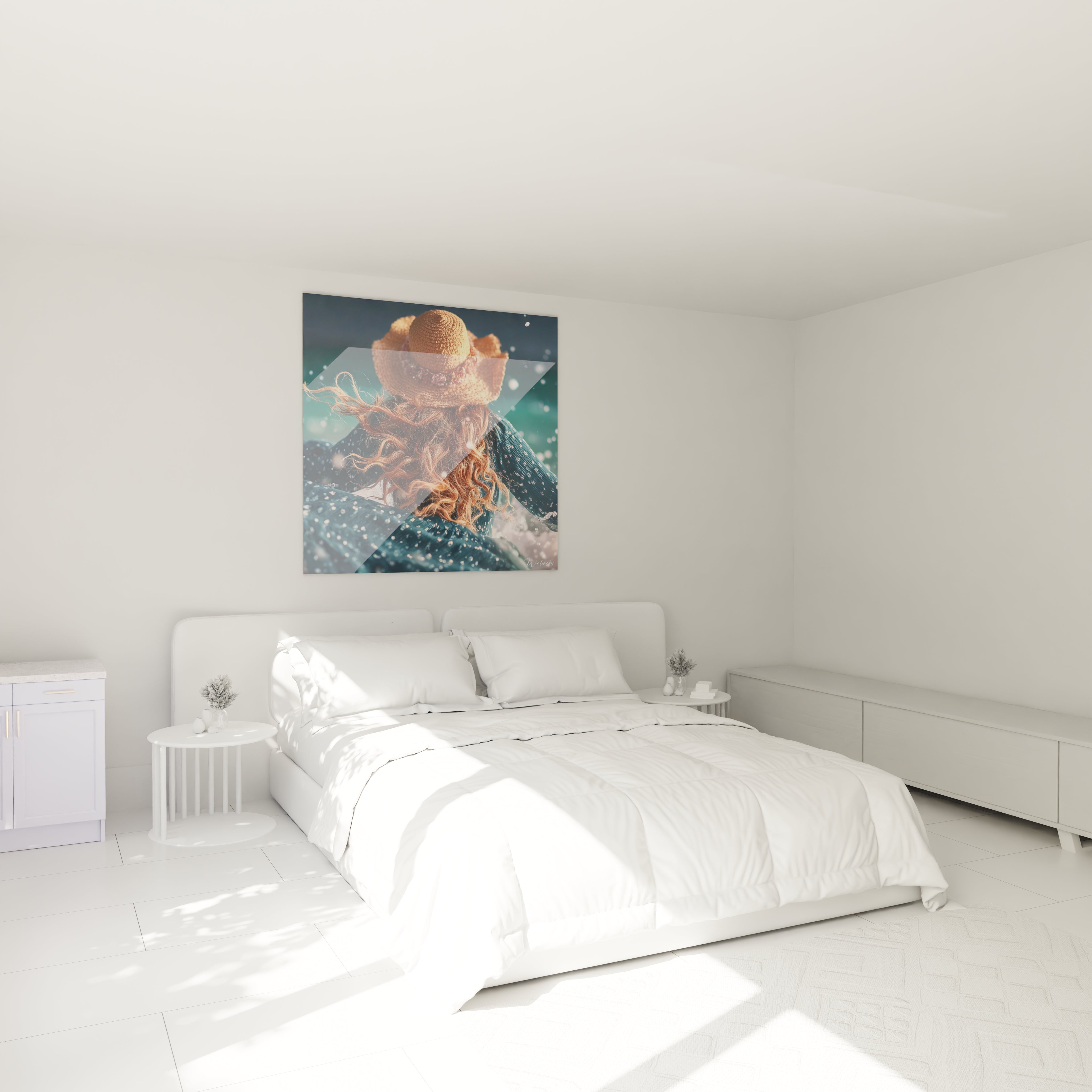 Tableau mural Walensky avec tableau femme au chapeau de paille accroche au dessus d un lit dans une chambre blanche minimaliste