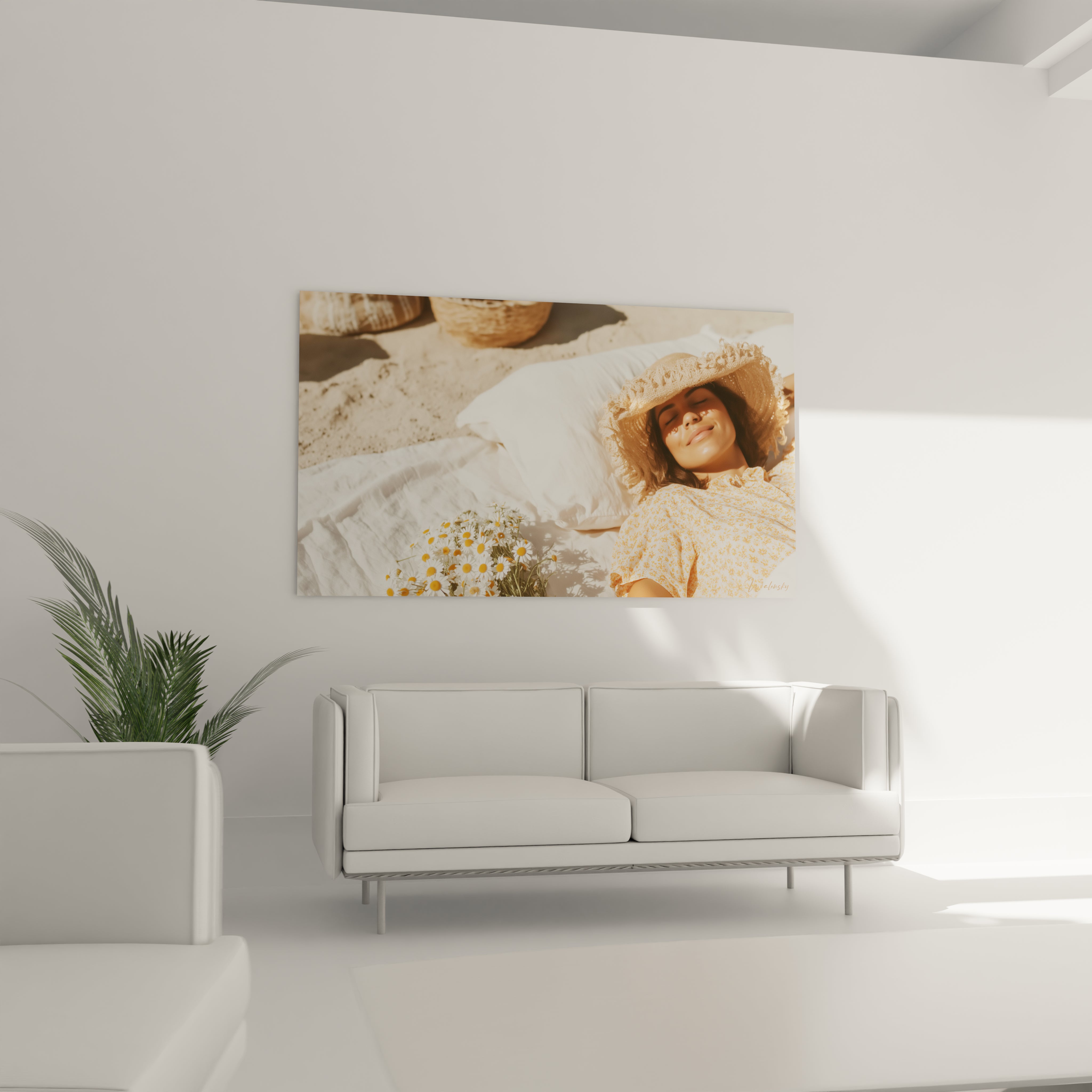 tableau femme au chapeau Walensky grand format montrant une femme allongée sur le sable chapeau de paille et fleurs