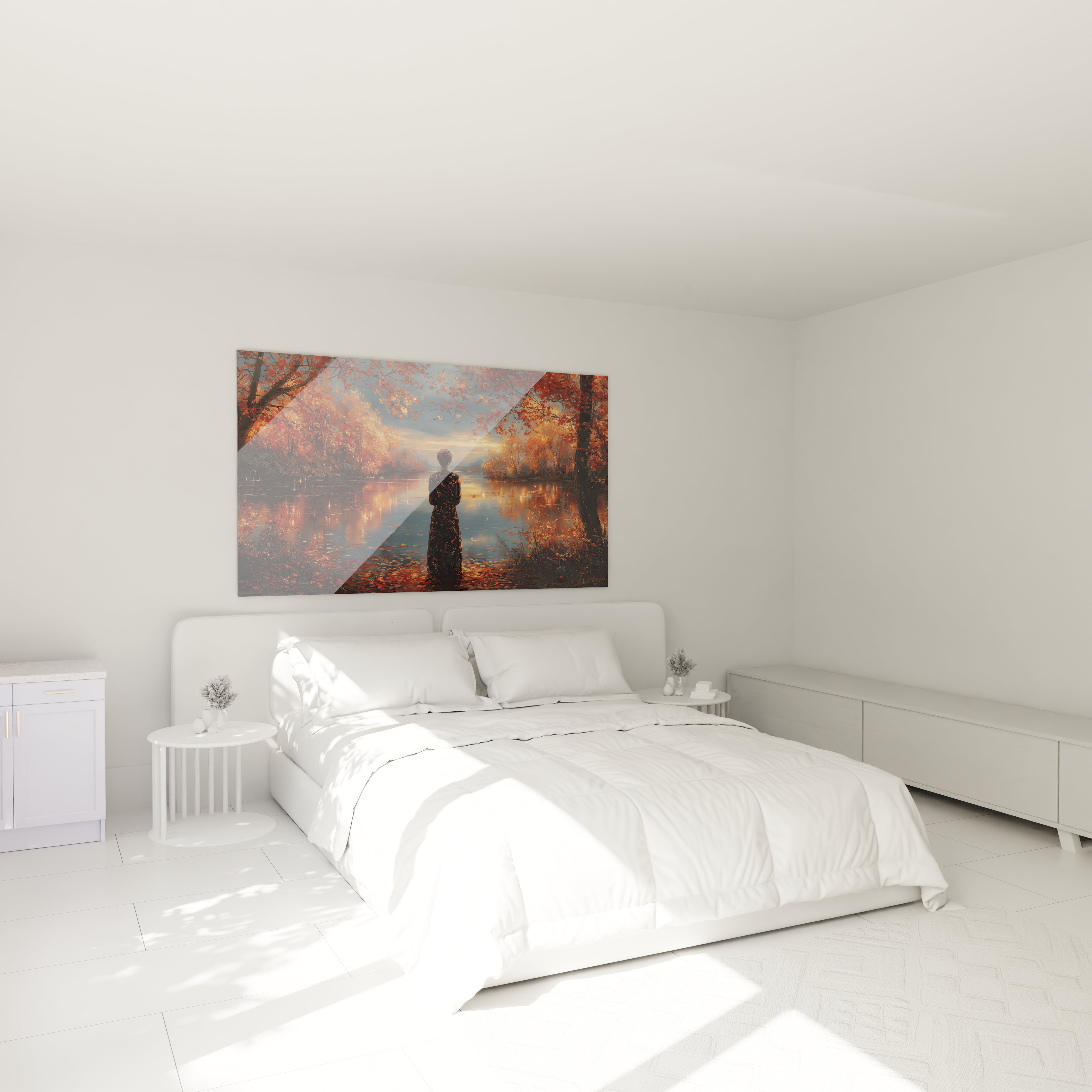 Walensky tableau femme automne mural représentant femme en silhouette sur un ponton au bord d un lac
