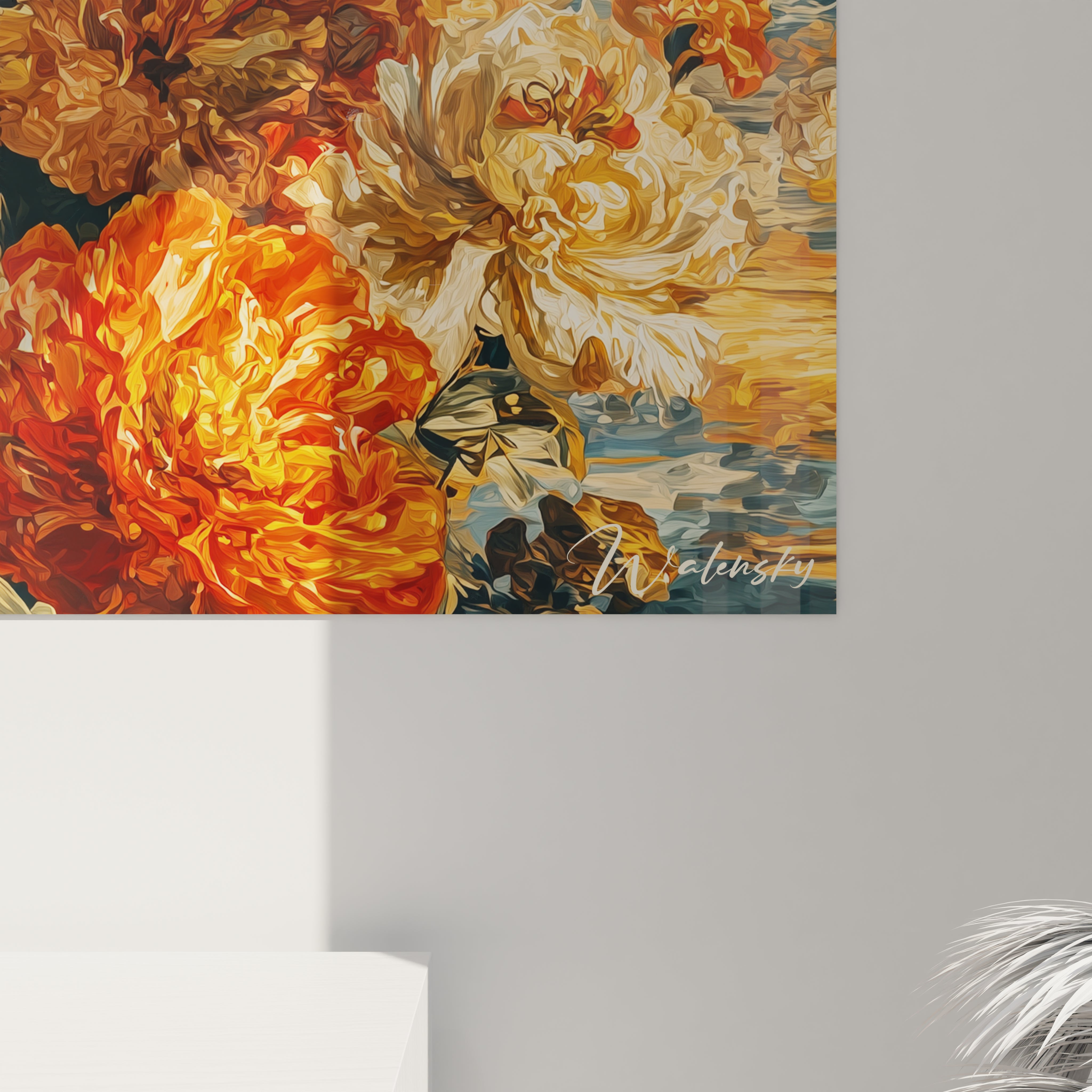 Walensky tableau femme aux fleurs grand tableau mural floral aux tons orange et jaune signature visible