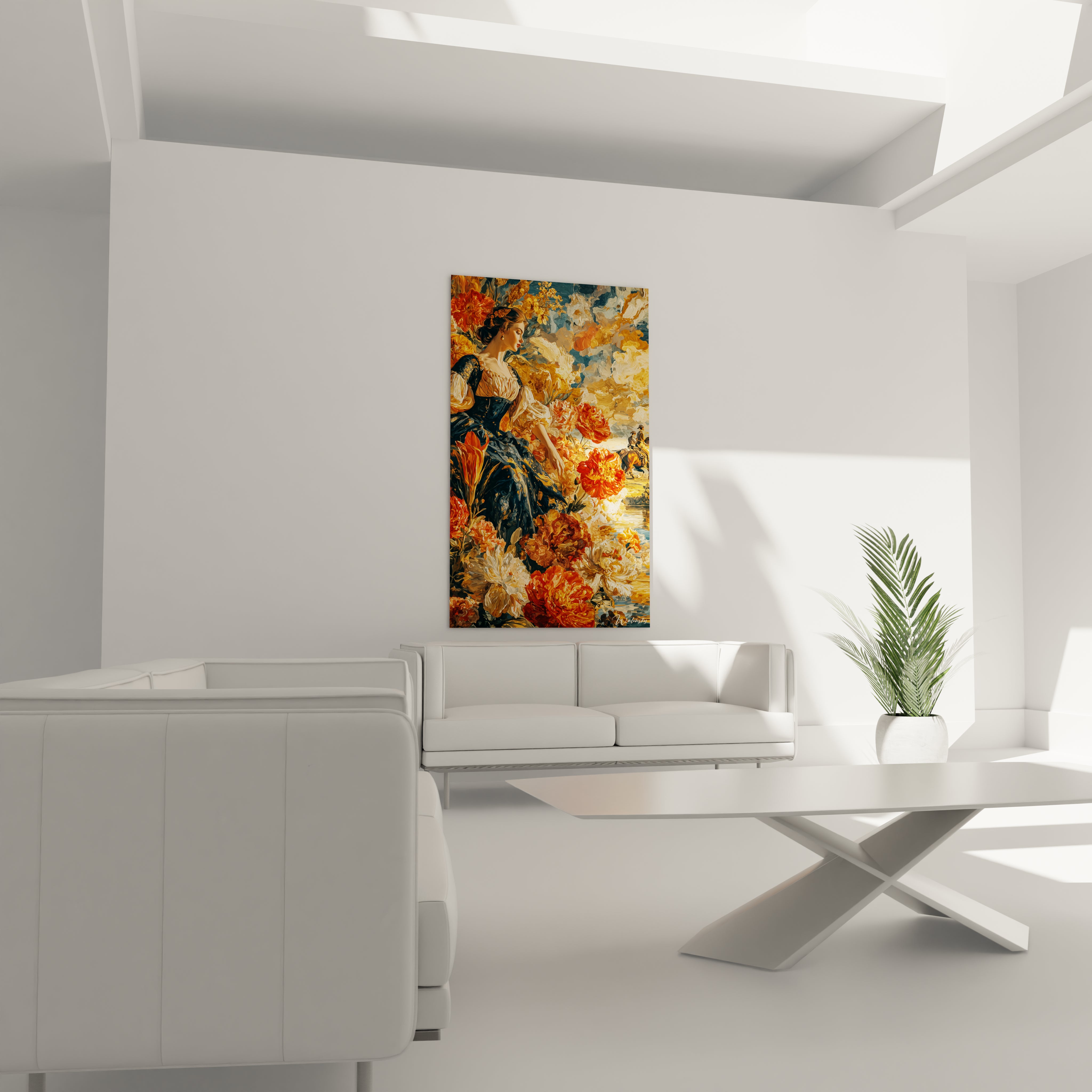 Tableau mural Walensky tableau femme aux fleurs coloré accroché dans salon minimaliste blanc