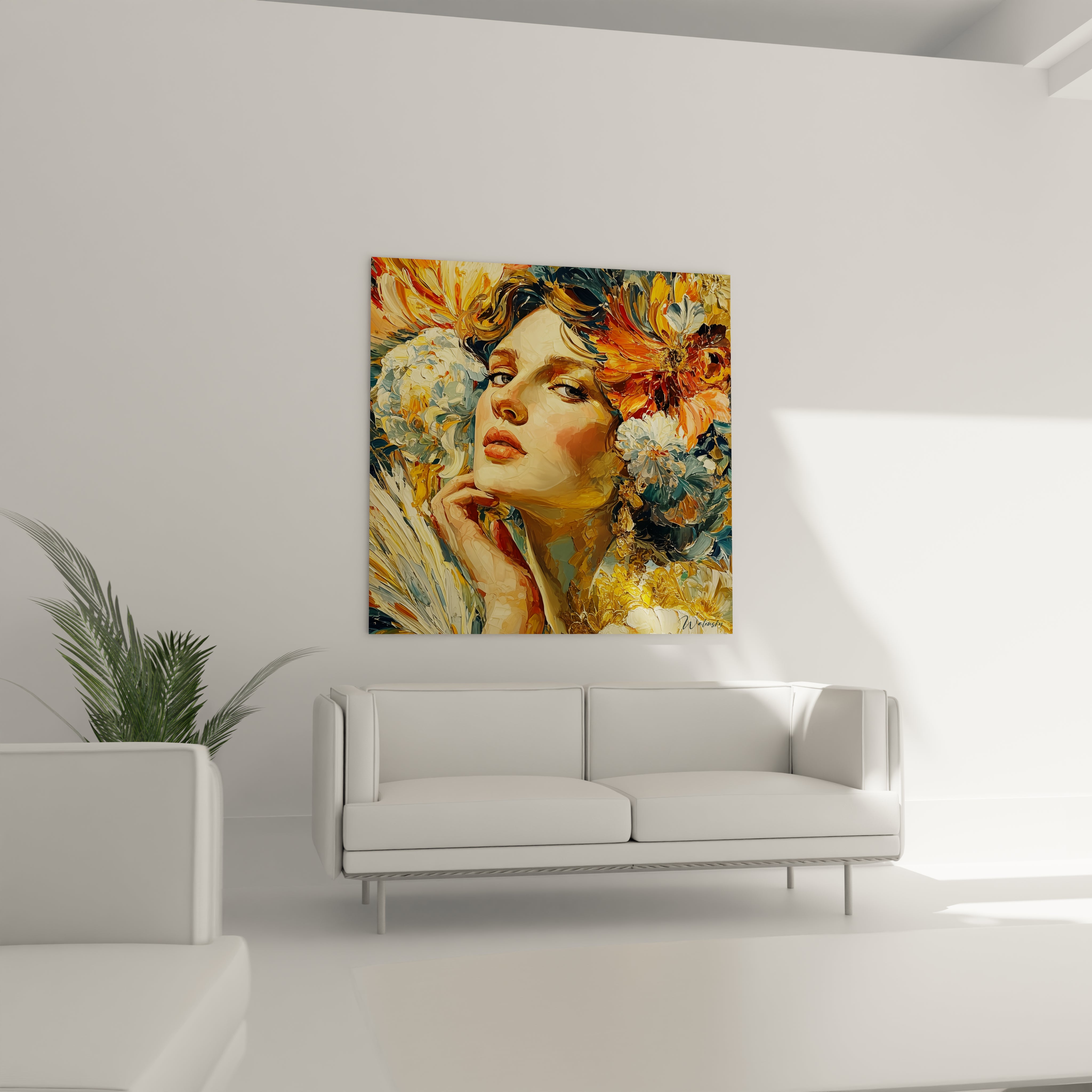 tableau femme baroque portrait de femme orné de fleurs tons chauds accroché au dessus d un canapé blanc dans salon minimaliste