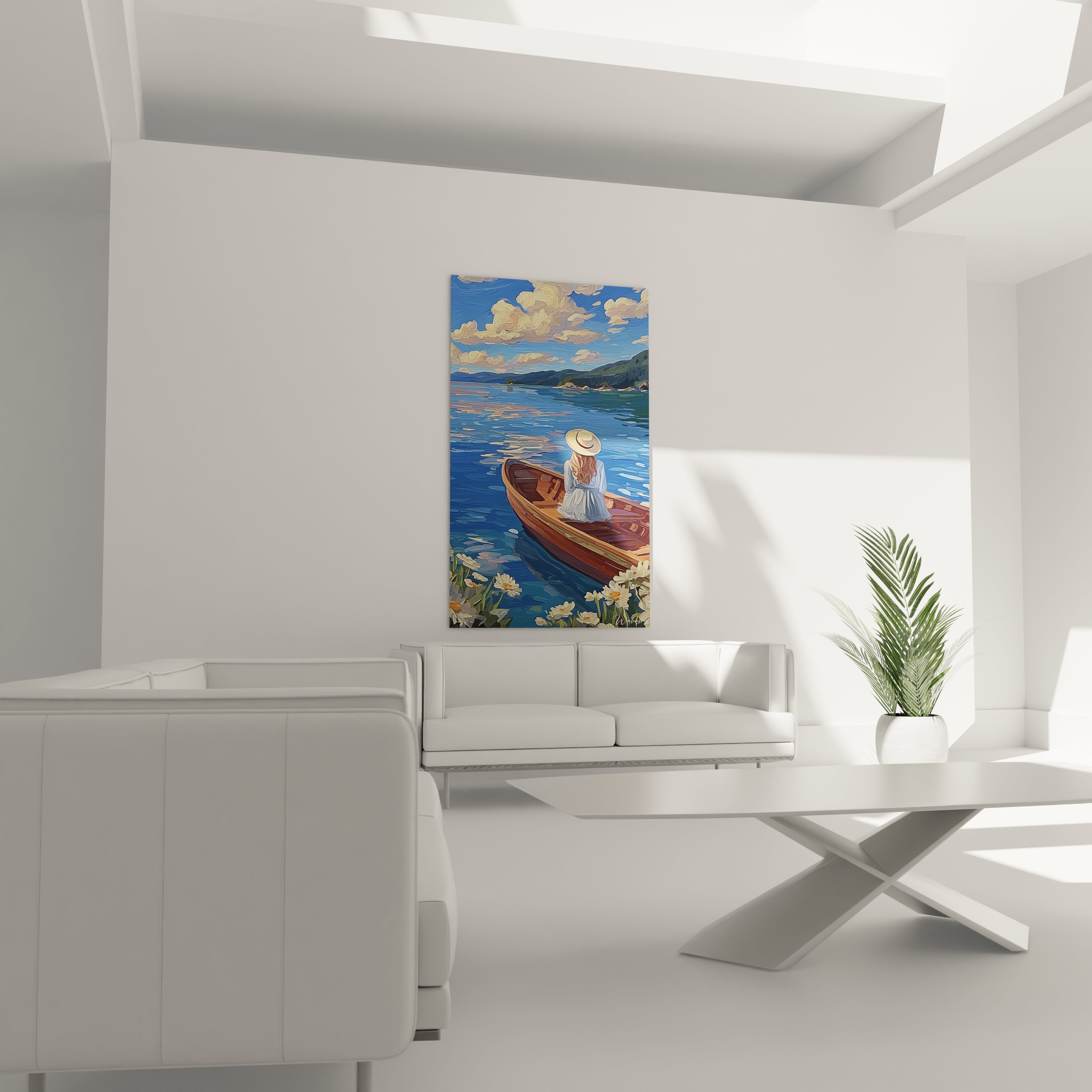 Tableau mural Walensky montrant une femme au chapeau dans une barque sur une eau bleue tableau femme barque flottante