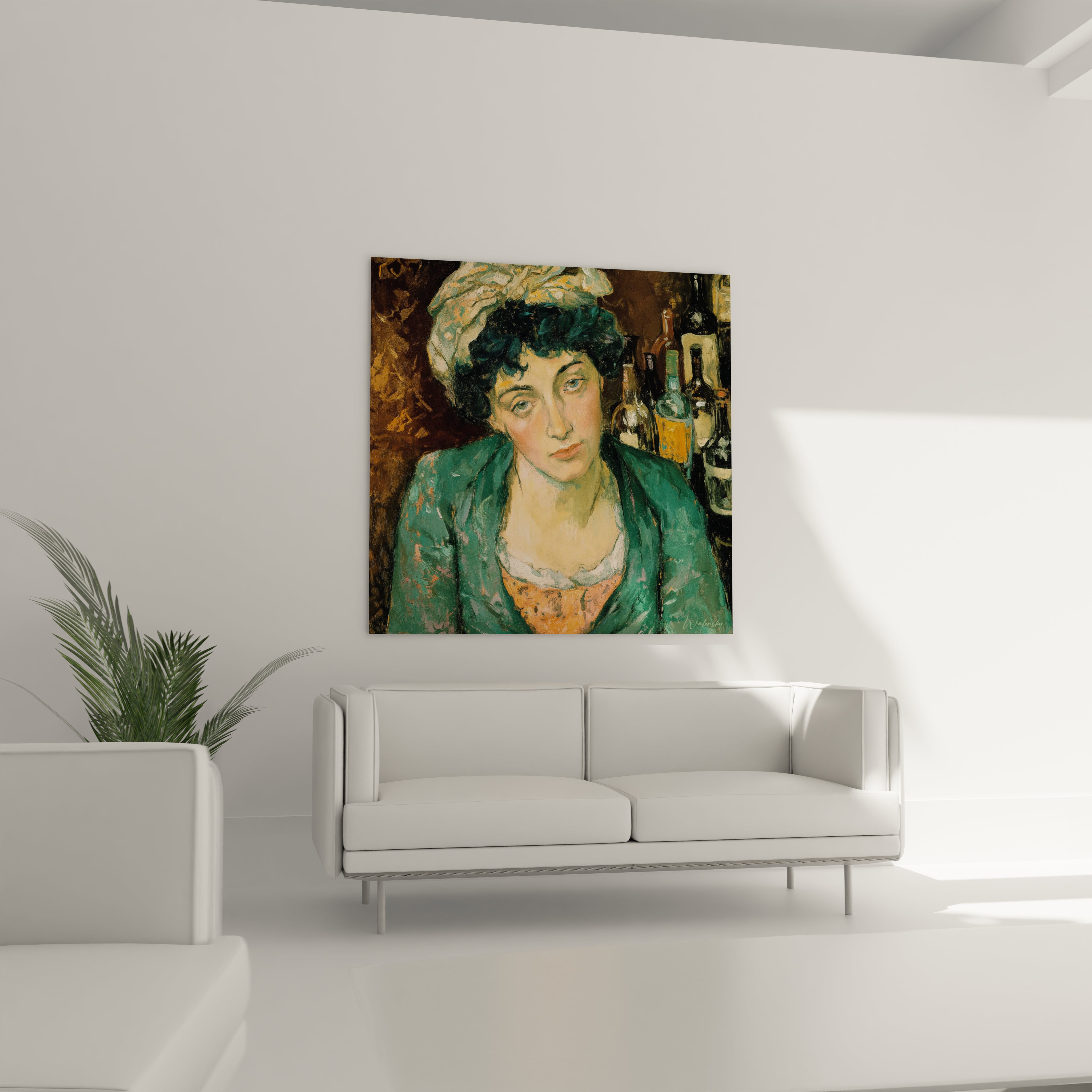 tableau femme bohème Walensky portrait peint d une femme en châle vert et foulard accroché au dessus d un canapé blanc