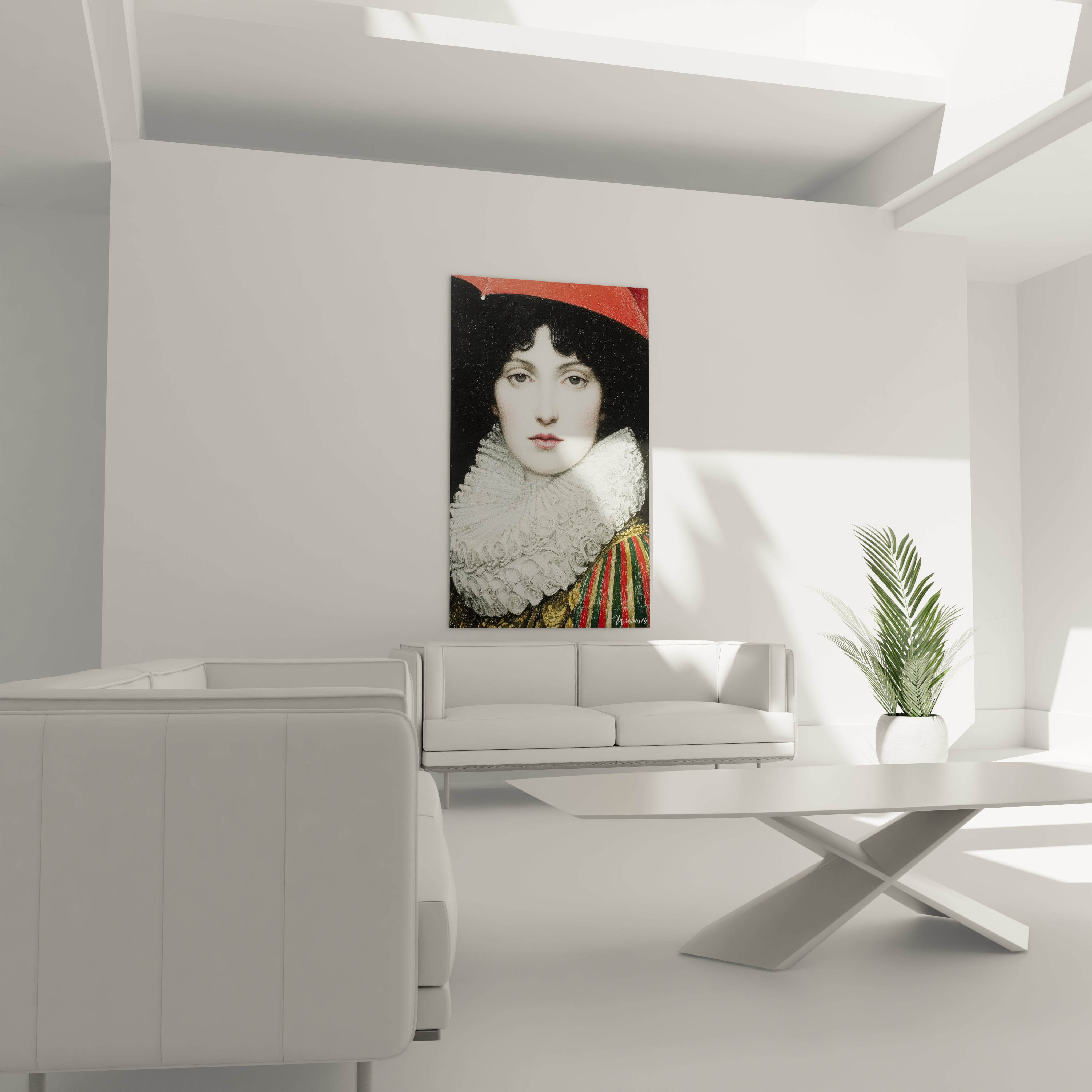 tableau femme collerette blanche Walensky portrait au chapeau rouge accroché au mur du salon minimaliste