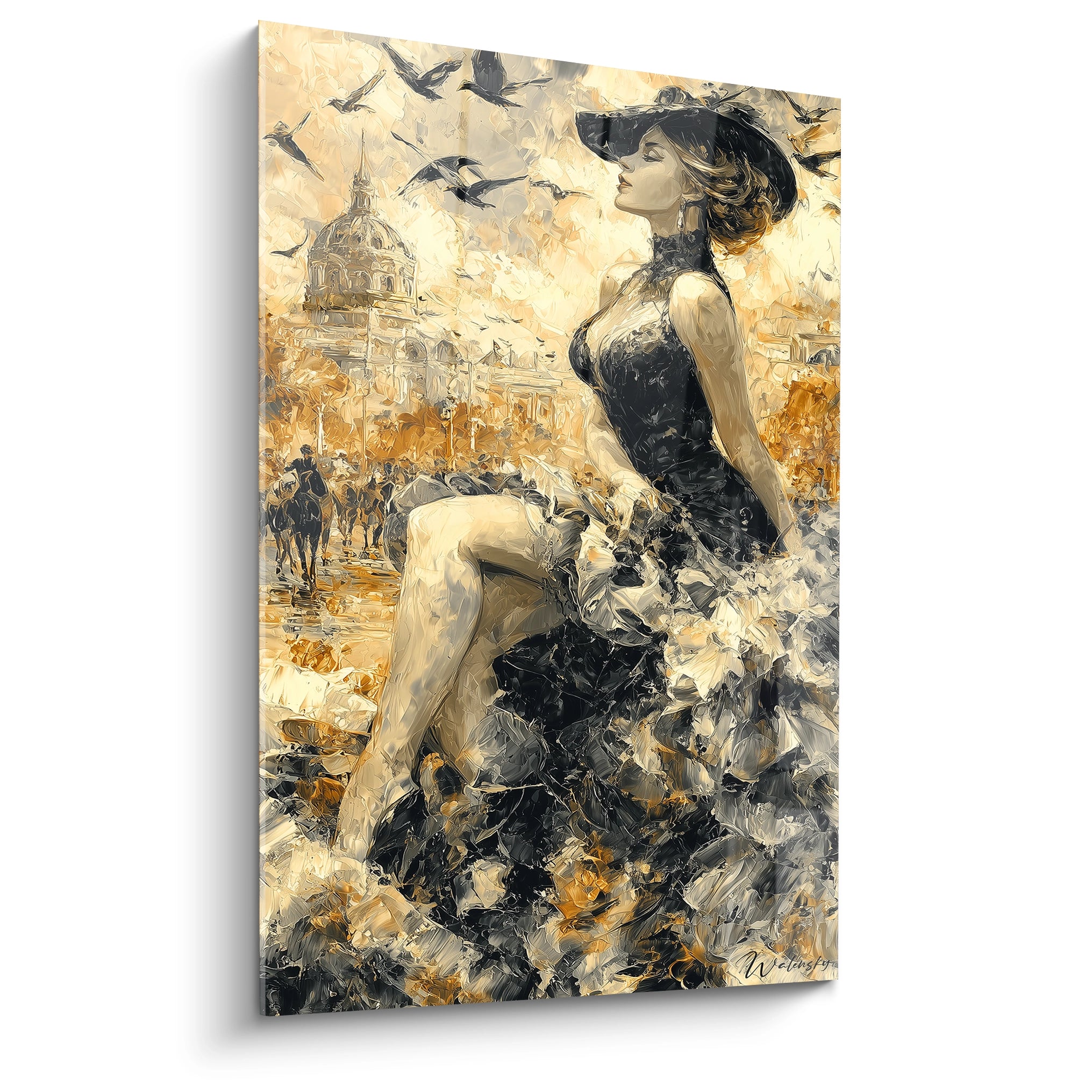 tableau femme élégante gothique Walensky peinture murale femme en robe noire chapeau oiseaux fond urbain