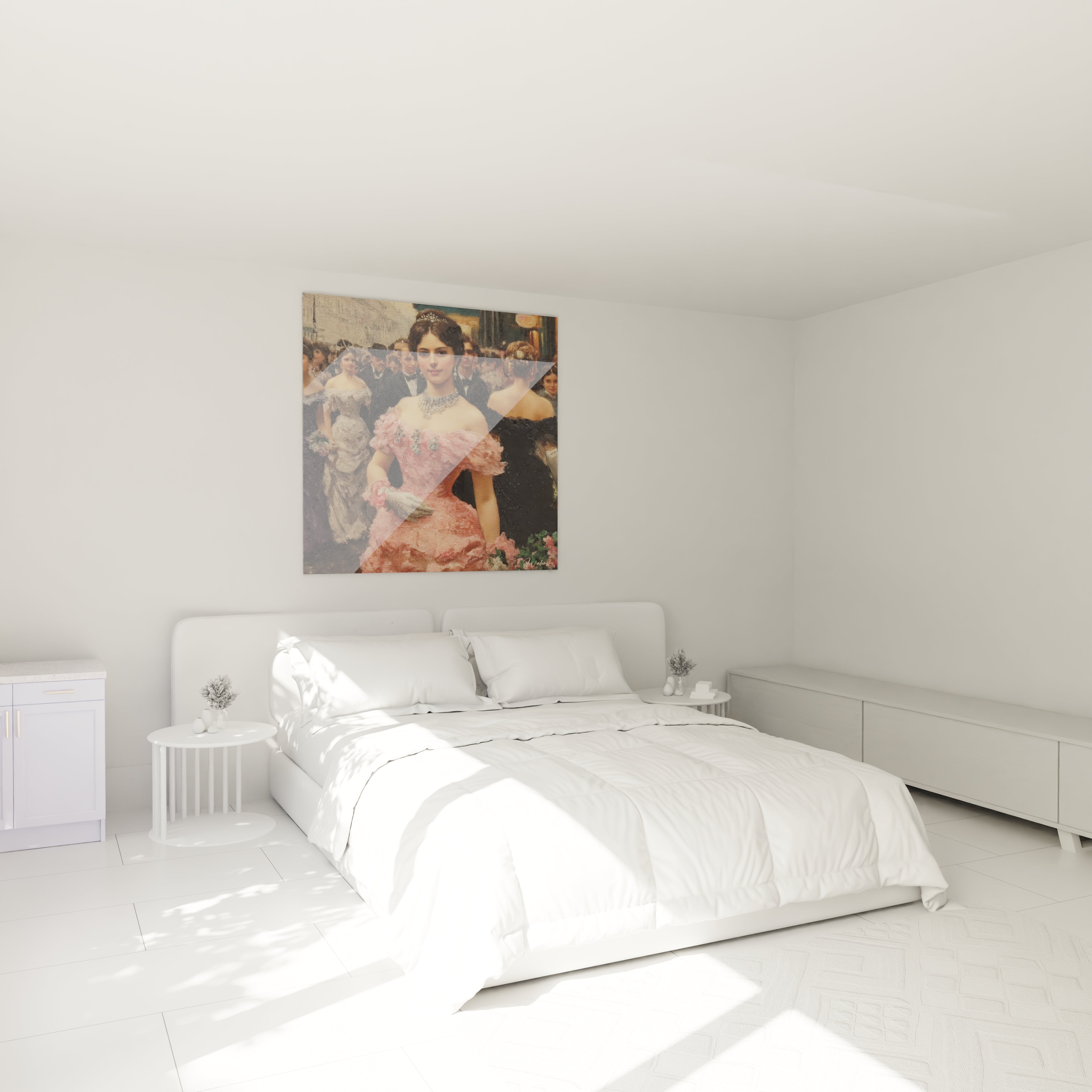 tableau femme élégante Walensky accroché au dessus d un lit dans une chambre minimaliste blanche