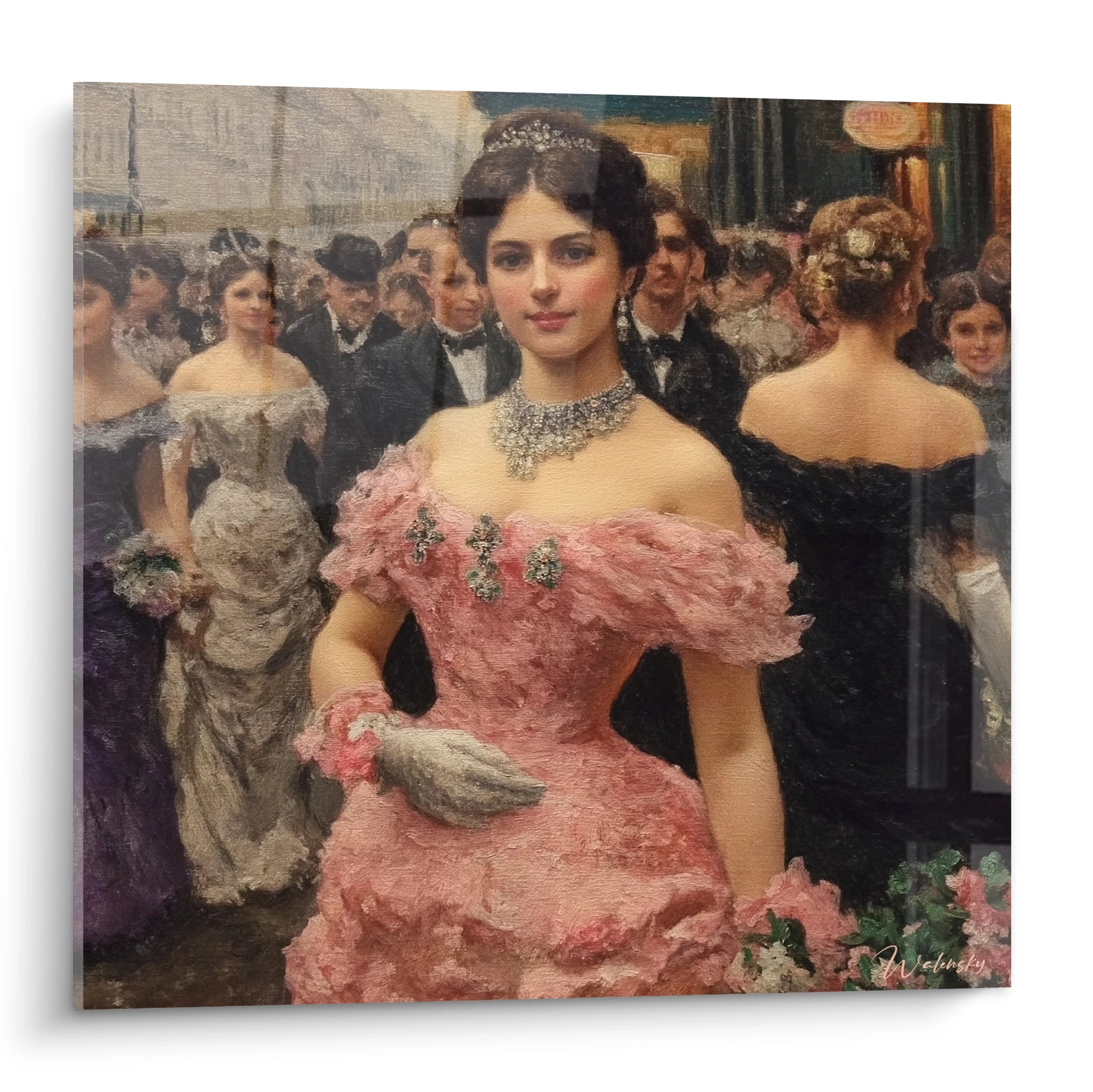 tableau femme élégante Walensky tableau mural d'une dame en robe rose de bal, collier et foule en arrière-plan